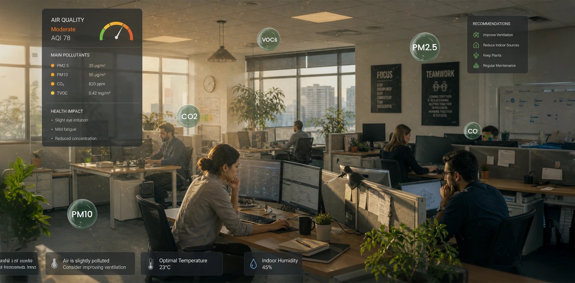 Indoor air quality monitoring in office spaces with real-time AQI data, showing pollutants such as PM2.5, CO2, and VOCs, and health recommendations.