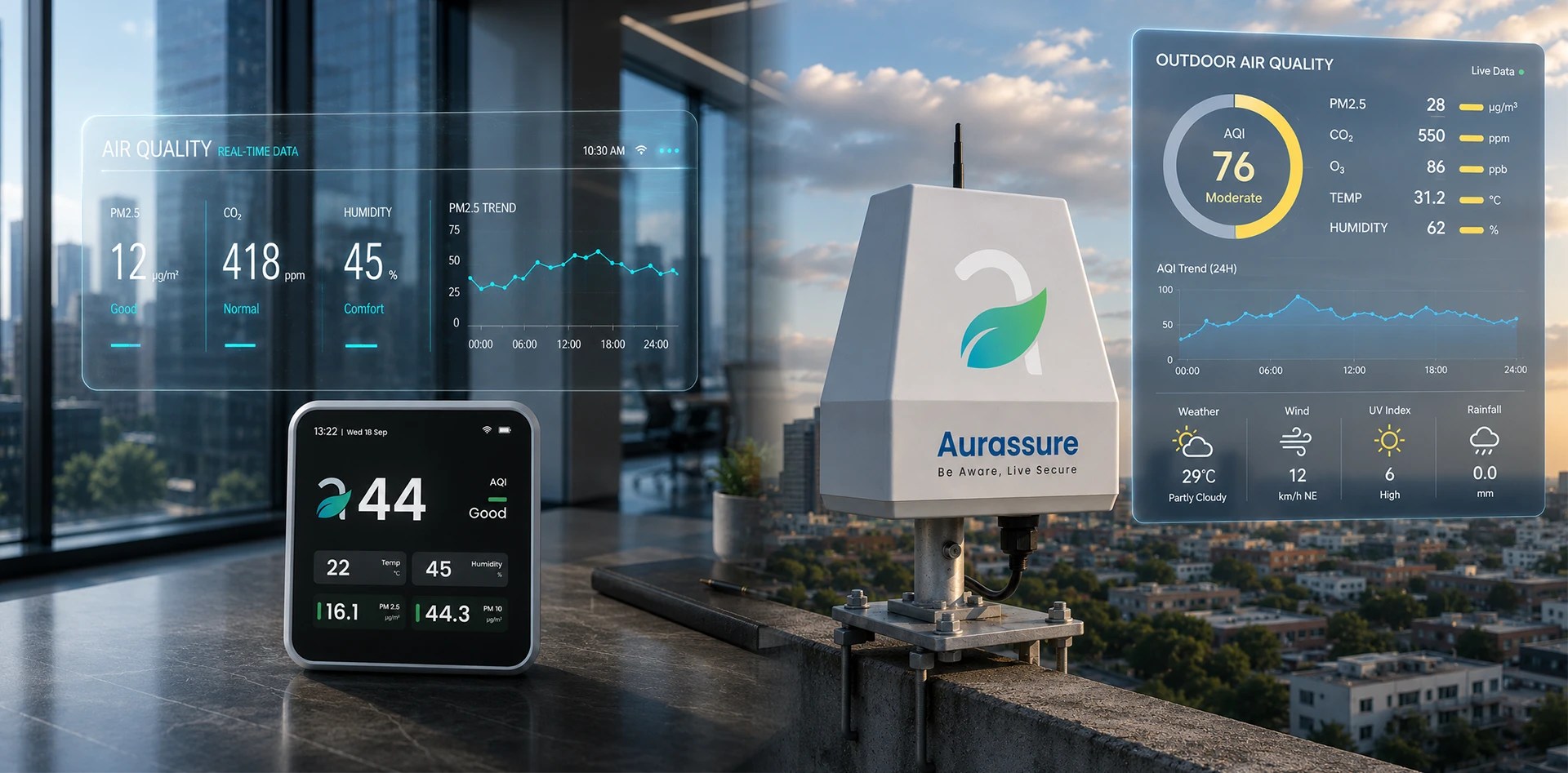Indoor air quality management platform with hyperlocal outdoor air quality monitoring device and real-time HVAC intelligence dashboards in a smart building environment.