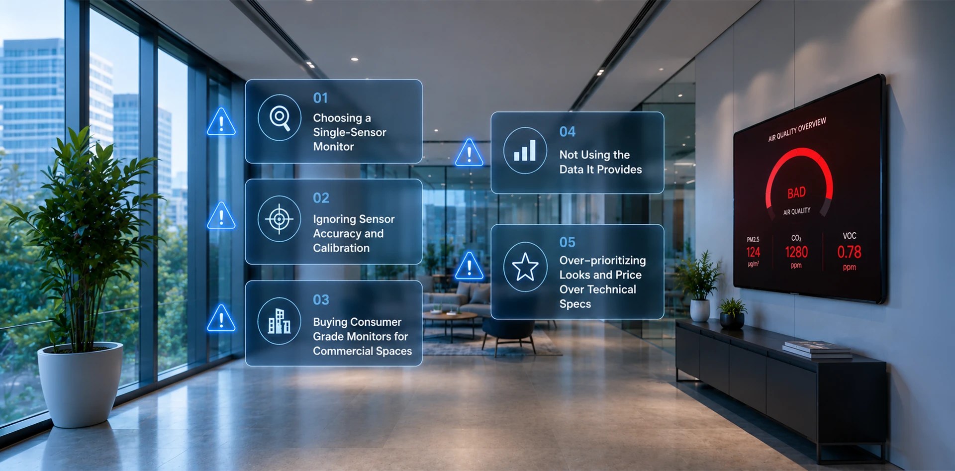 Best Indoor Air Quality Monitor infographic showing five common mistakes to avoid when selecting an IAQ monitor, including poor sensor coverage, inaccurate calibration, and choosing consumer-grade devices for commercial spaces.
