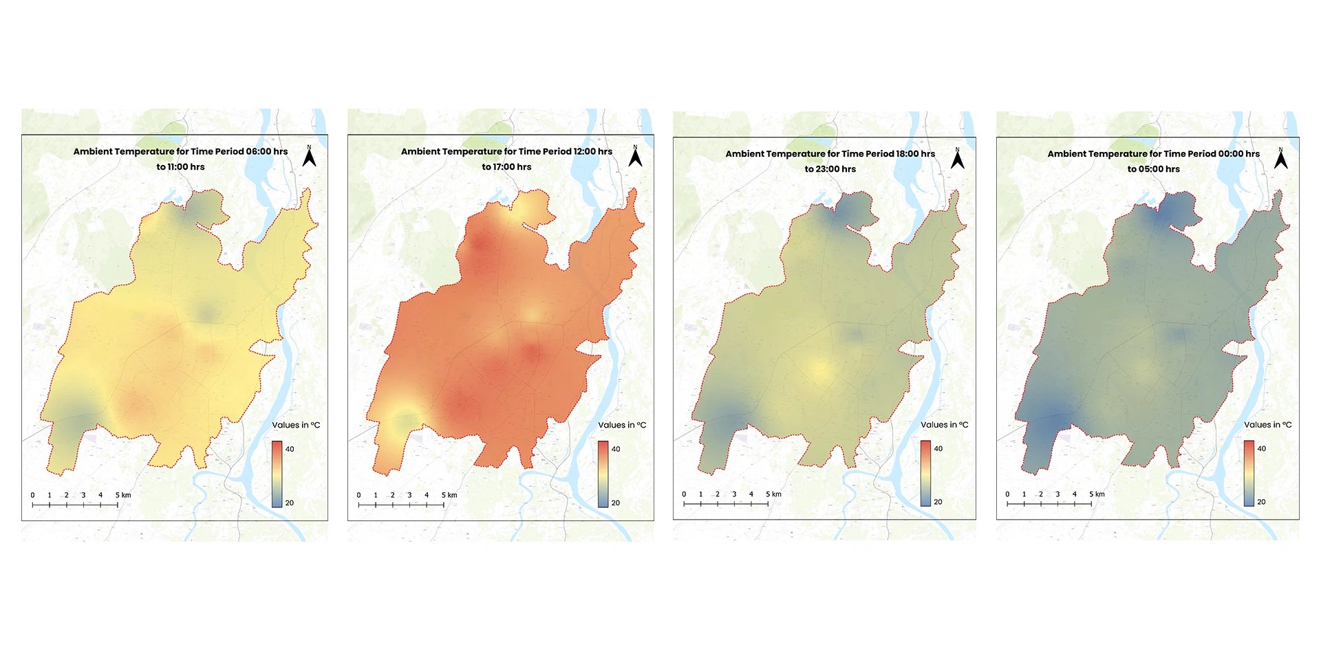 Urban Heat Island analysis maps showing ambient temperature variations across different time periods of the day, illustrating hyperlocal heat distribution and nighttime heat retention patterns for Heat Action Plans and urban climate resilience planning.