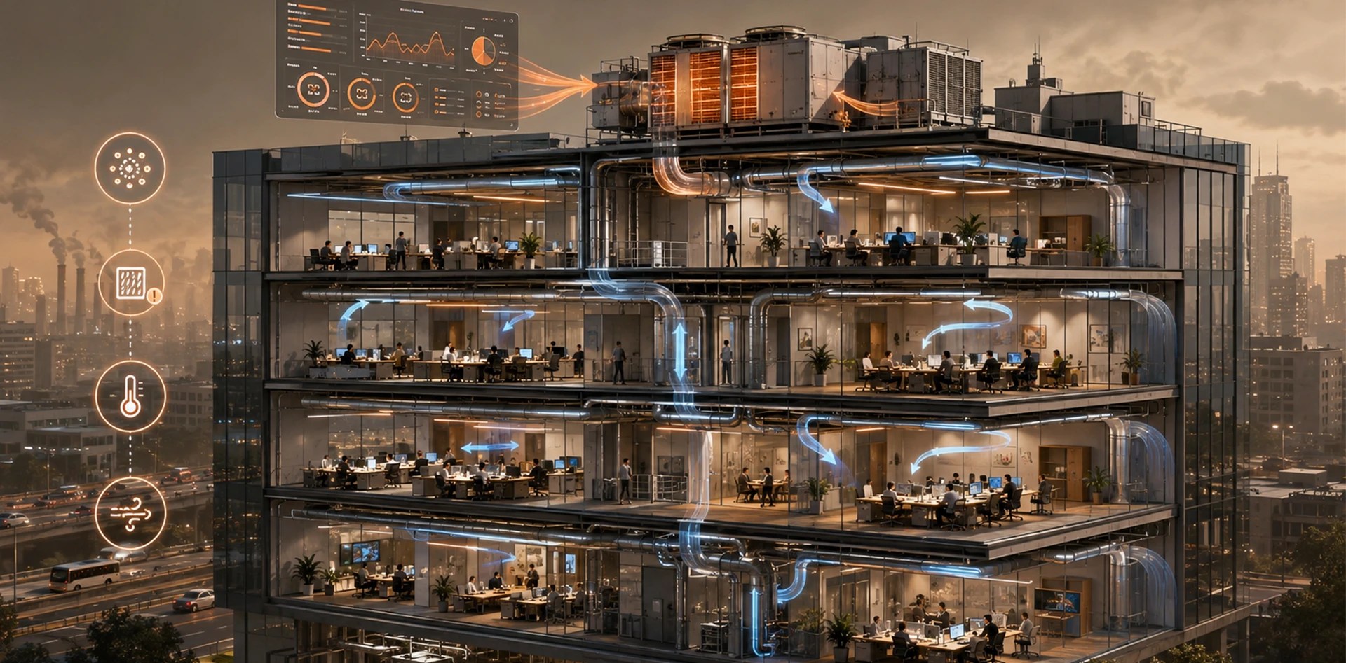 Indoor air quality management system optimizing HVAC airflow, filtration, and ventilation using real-time environmental intelligence in a modern commercial building.
