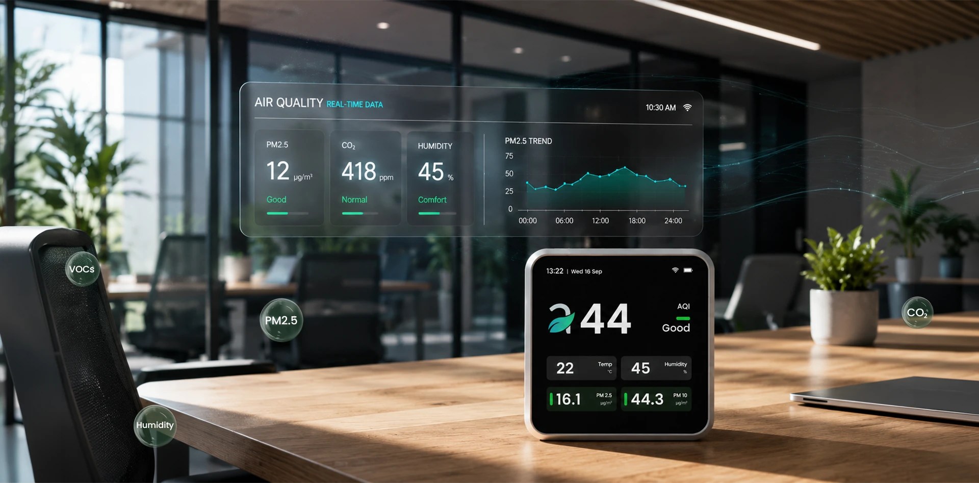 Best Indoor Air Quality Monitor with smart real-time dashboard displaying PM2.5, CO₂, humidity, temperature, AQI, and VOC data in a modern commercial office environment.