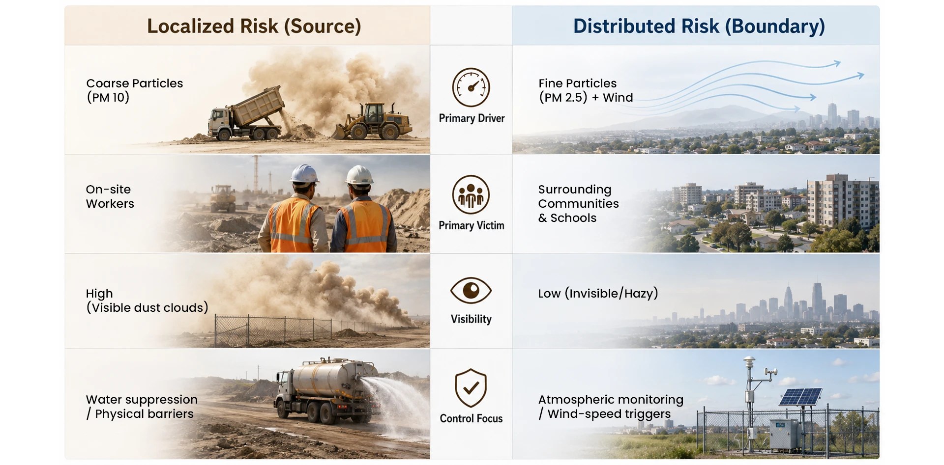 Construction dust control strategies comparing localized PM10 source risk with distributed PM2.5 wind-driven boundary risk.