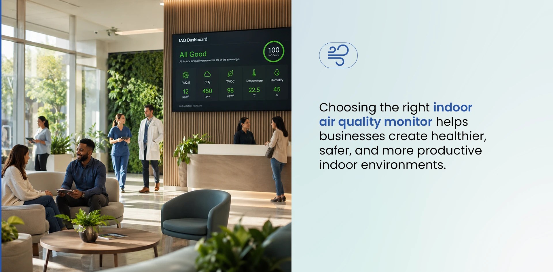 Best Indoor Air Quality Monitor displayed in a modern healthcare and commercial lobby with real-time IAQ dashboard showing PM2.5, CO₂, TVOC, temperature, and humidity levels.