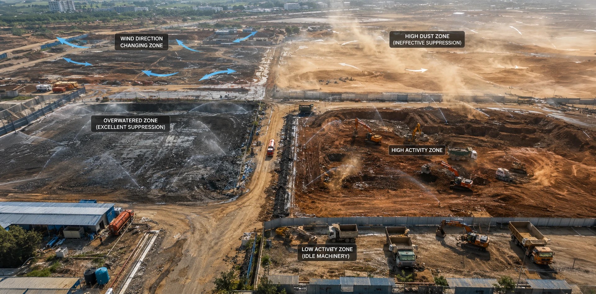 Construction dust control strategies showing uneven water suppression, high dust zones, wind direction changes, and activity-based dust risk across a large construction site.