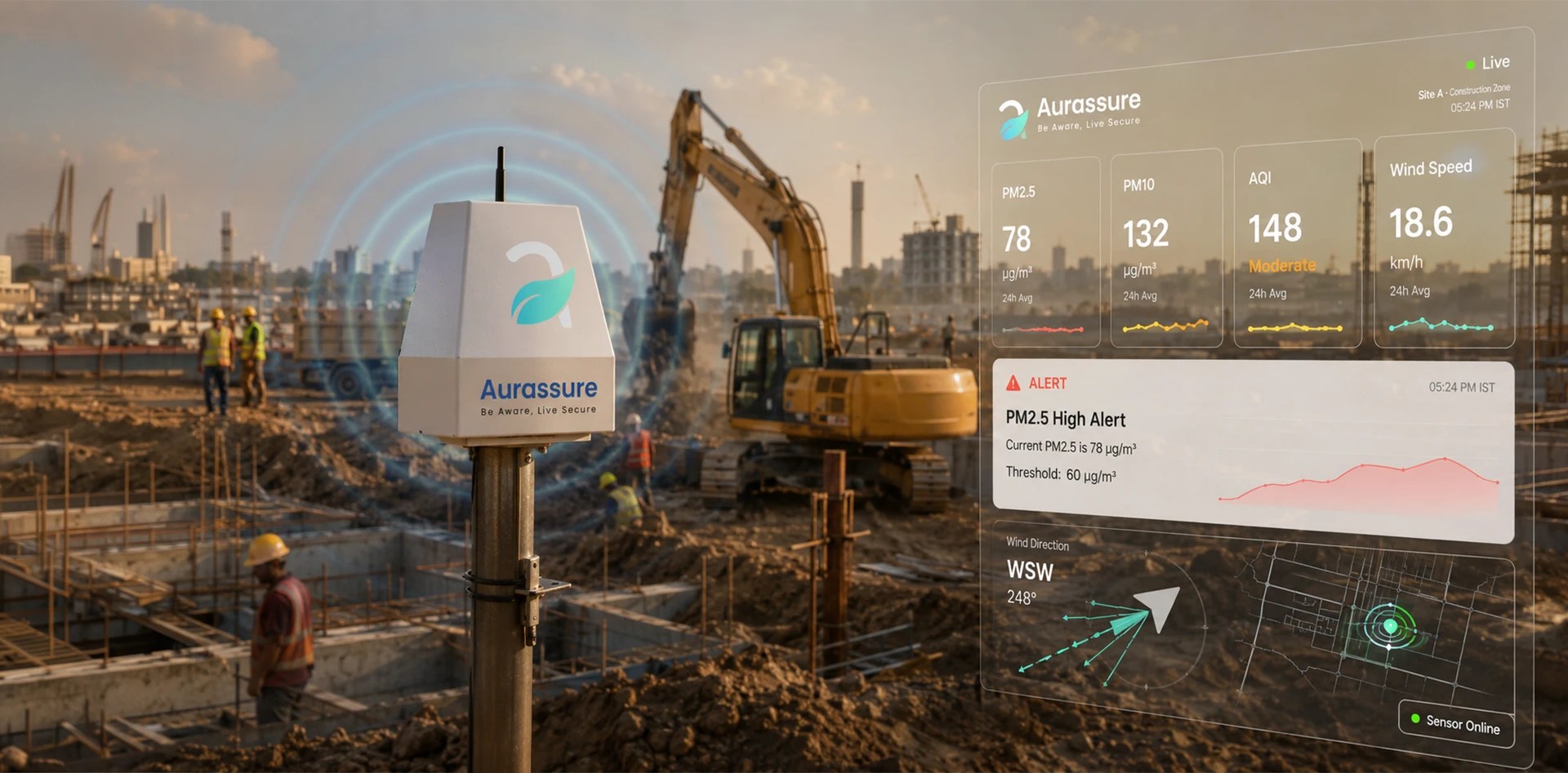 Construction dust control strategies using Aurassure real-time monitoring to track PM2.5, PM10, AQI, wind speed, and dust alerts at a construction site.