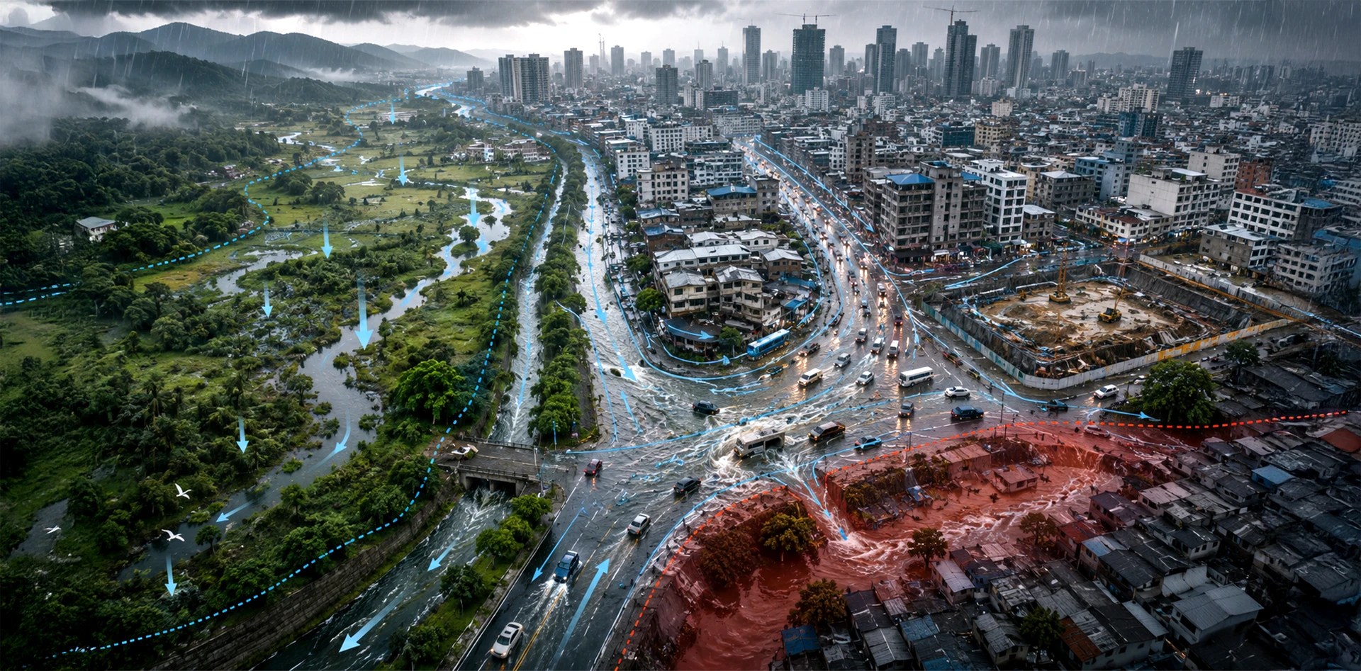 Urban flood monitoring showing flood prone areas, drainage flow, and real time flood risk mapping in a smart city