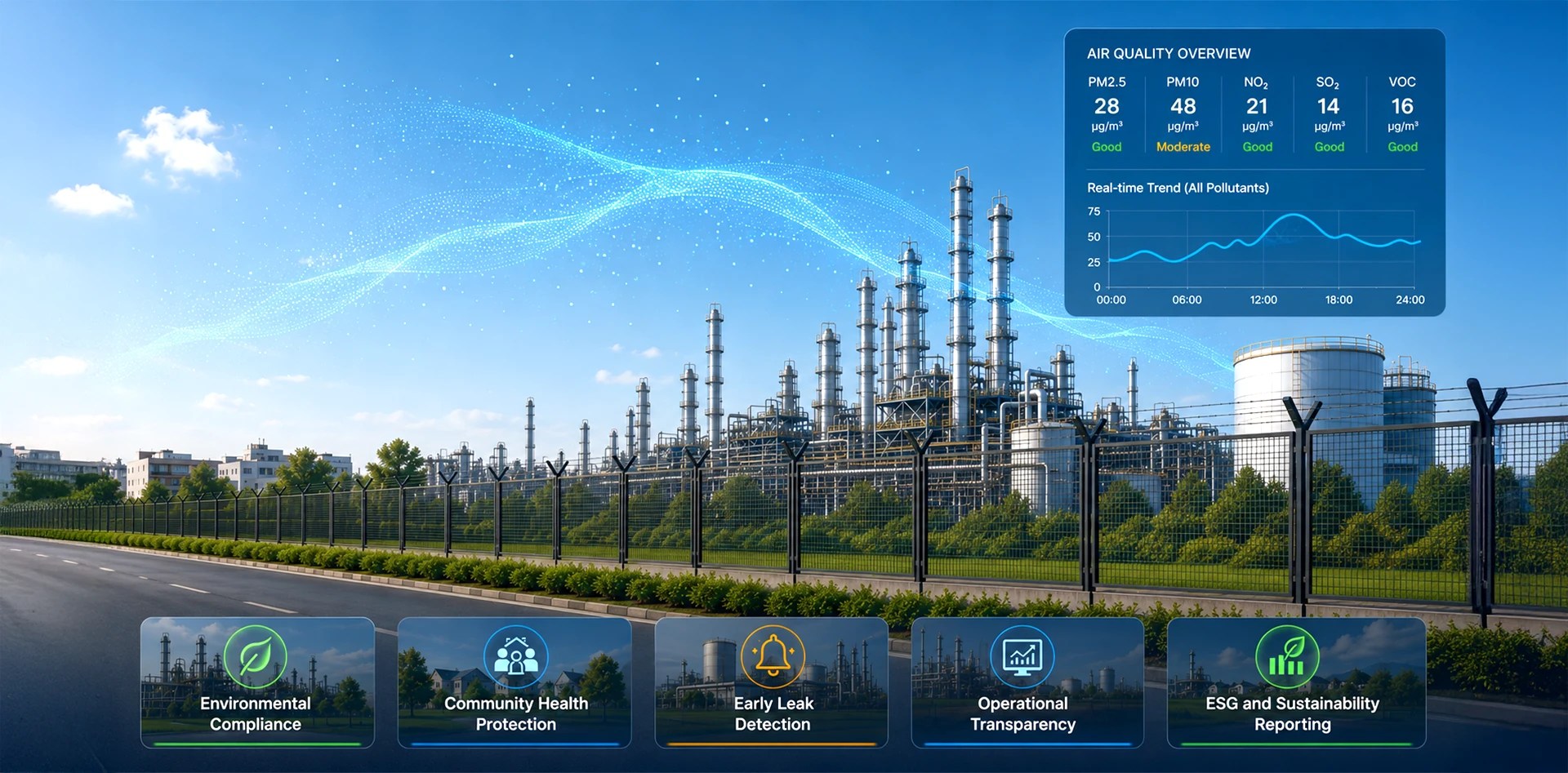Fenceline monitoring at an industrial refinery with real-time air quality dashboard displaying pollutant levels, environmental compliance, leak detection, and community health monitoring.