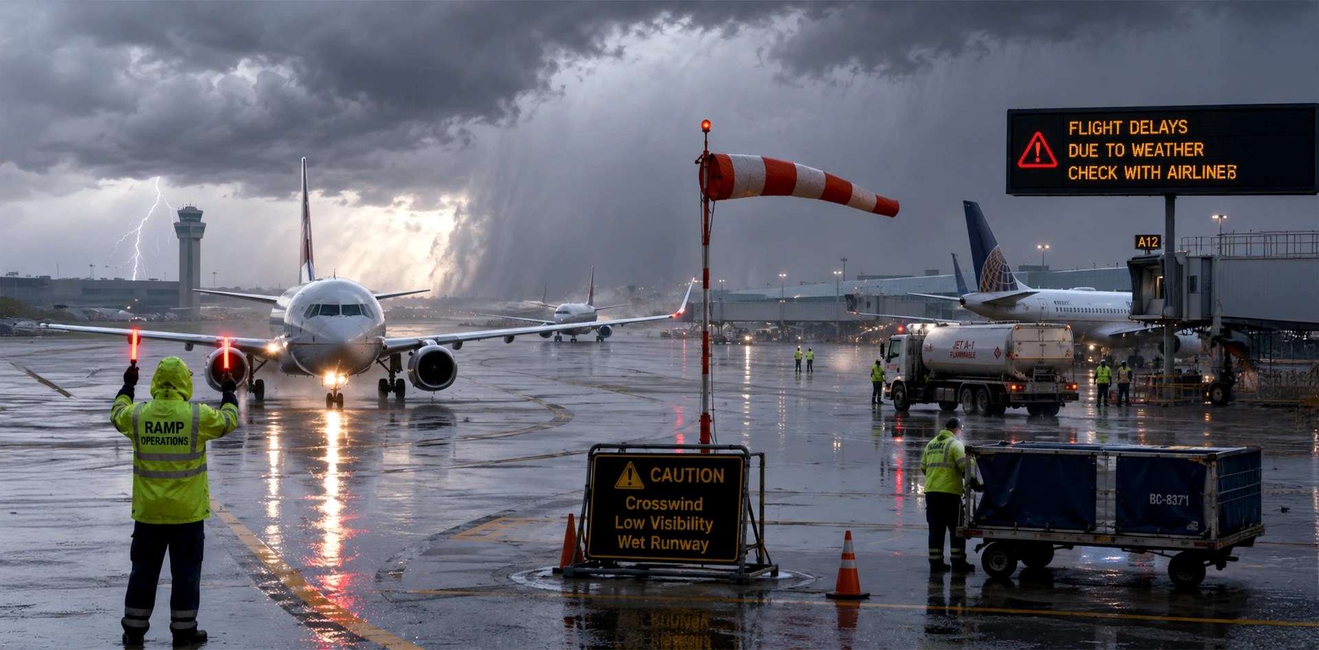 Severe weather disrupting airport operations with heavy rainfall, lightning, strong crosswinds, aircraft on the apron, ground crews working in wet conditions, and flight delay warnings displayed at the terminal.