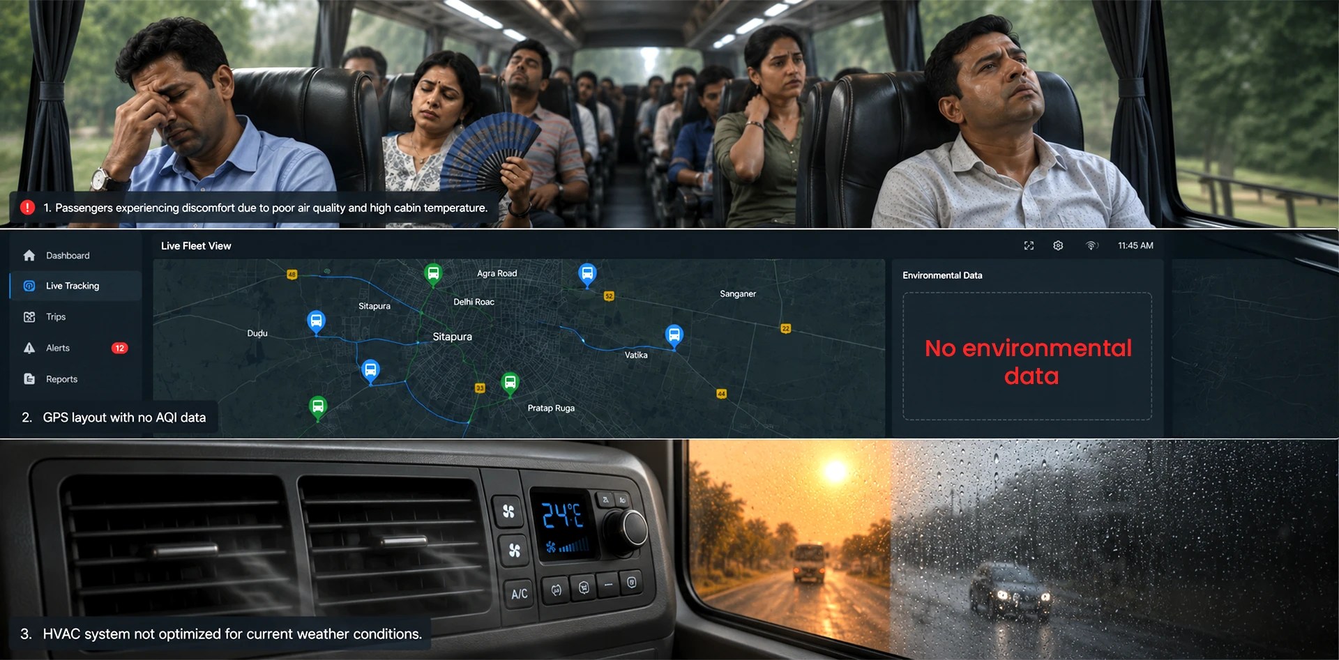 Passengers experiencing discomfort inside a bus due to poor air quality, high cabin temperature, inadequate ventilation, and lack of real-time air quality monitoring in buses and HVAC optimization.