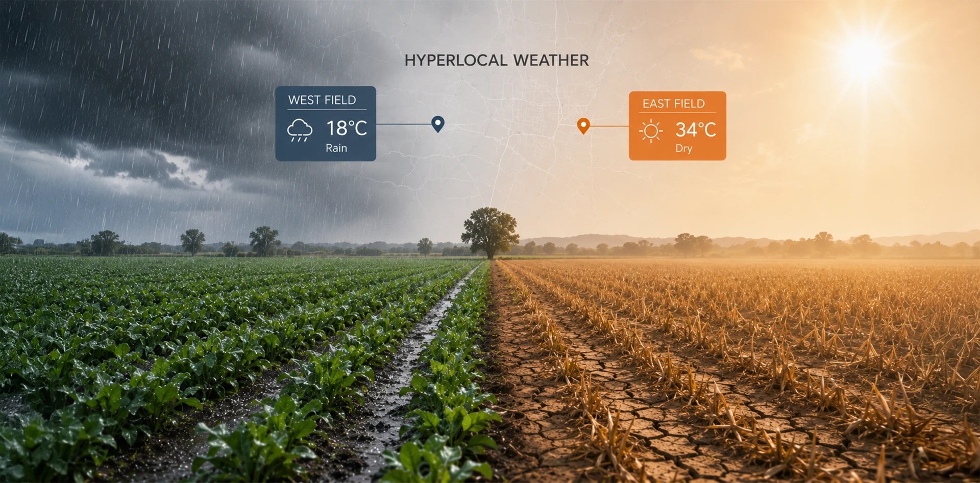 Weather monitoring in agriculture visual showing hyperlocal weather differences between two nearby farm fields, with one field experiencing rainfall and cool temperatures while the other faces hot, dry conditions, highlighting the importance of field-level weather intelligence for farming decisions.