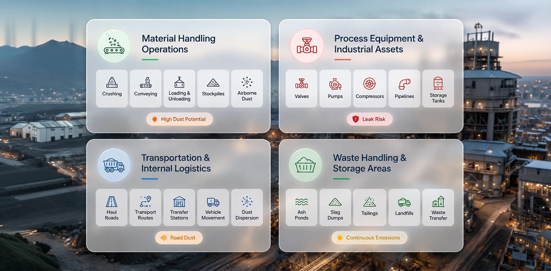 Infographic showing common sources of fugitive emissions monitoring, including material handling, process equipment, transportation, and waste handling operations in industrial facilities.
