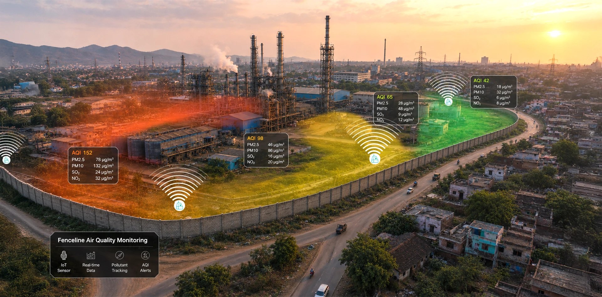 Fenceline monitoring system visualizing real-time air quality around an industrial facility with perimeter sensors, AQI zones, pollutant tracking, and emissions monitoring.