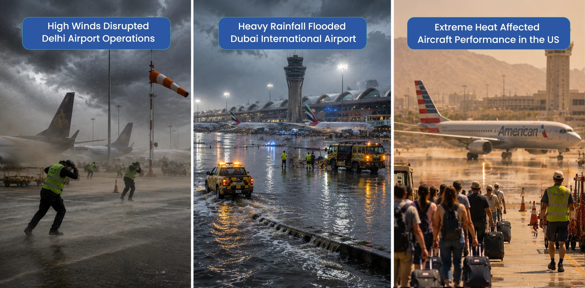Three-panel image showing major airport weather disruptions: high winds affecting Delhi Airport operations, heavy rainfall flooding Dubai International Airport, and extreme heat impacting aircraft performance in the United States.