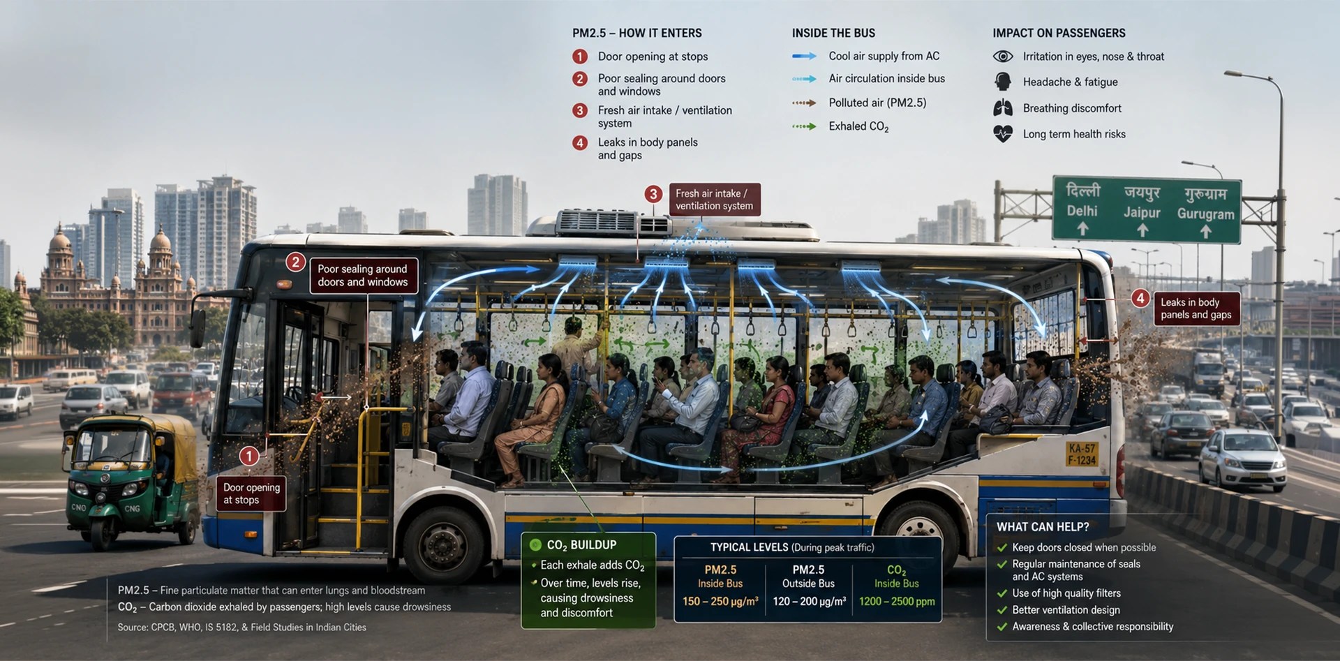 Air quality monitoring in buses infographic showing how PM2.5 particles and CO2 enter bus cabins through doors, ventilation systems, and air leaks, impacting passenger health and comfort.