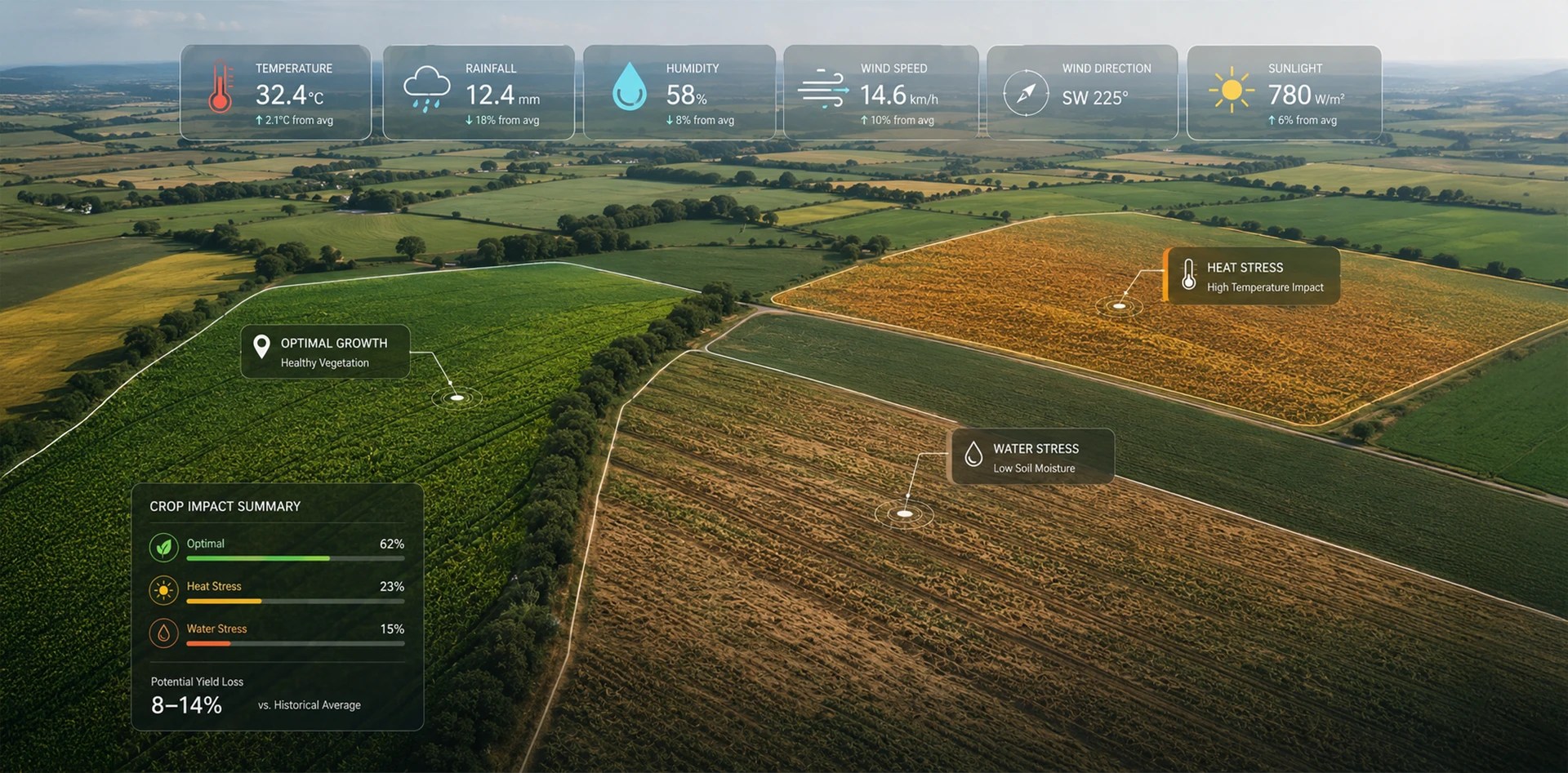 Weather monitoring in agriculture dashboard overlay on farmland showing real-time temperature, rainfall, humidity, wind speed, wind direction, and sunlight data, highlighting crop health zones, heat stress, water stress, and potential yield impacts for precision farming.