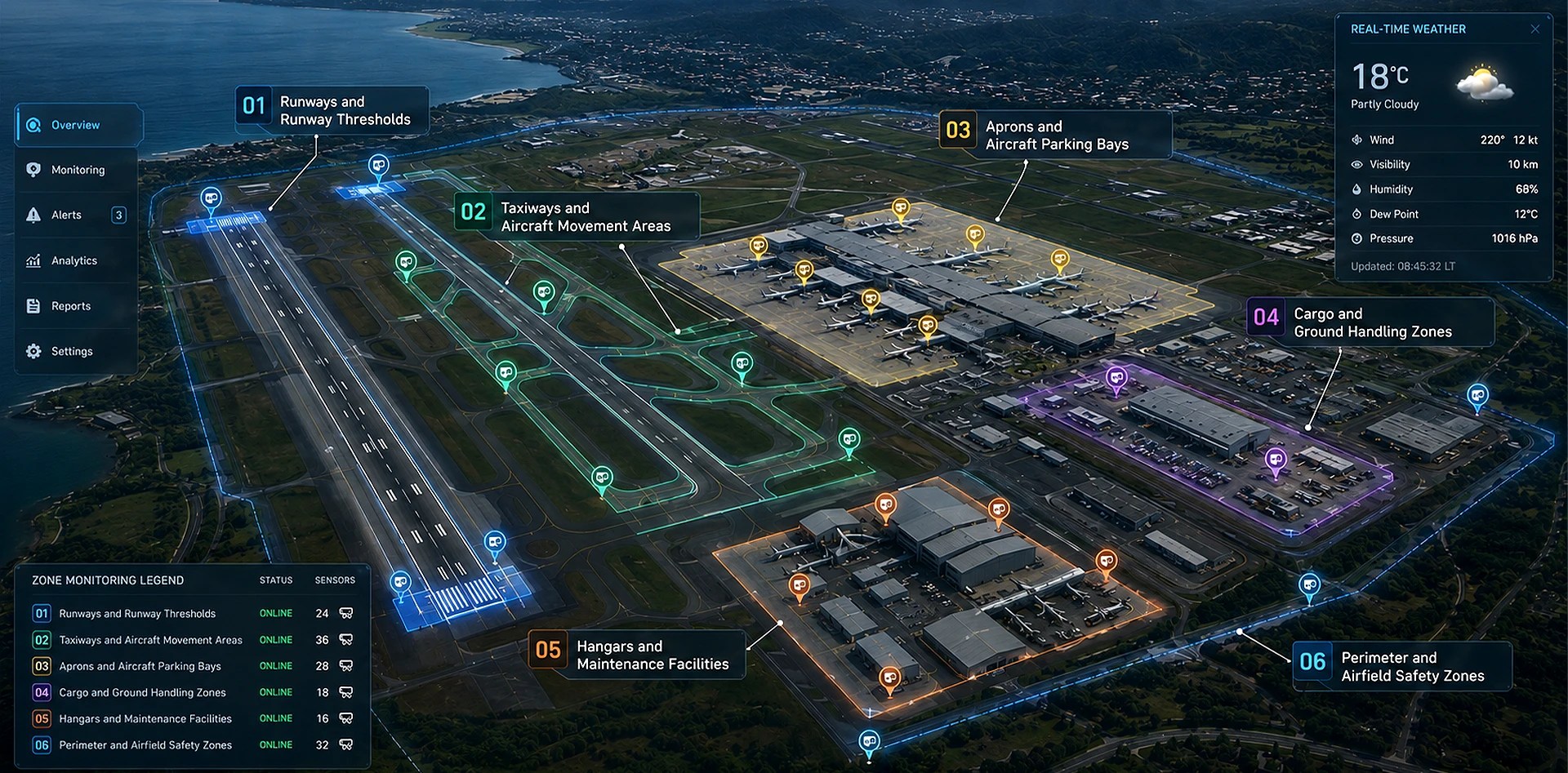 Airport weather monitoring system showing critical operational zones including runways, taxiways, aprons, cargo areas, maintenance facilities, and perimeter safety zones with real-time weather monitoring.
