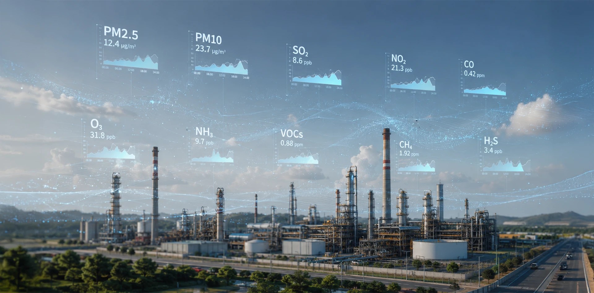Fenceline monitoring system displaying real-time industrial air quality data for PM2.5, PM10, SO₂, NO₂, CO, O₃, VOCs, NH₃, CH₄, and H₂S around an industrial facility.