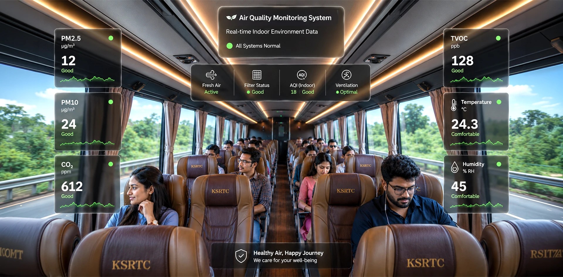 Air quality monitoring in buses displaying real-time PM2.5, PM10, CO2, TVOC, temperature, humidity, ventilation status, and indoor AQI data inside a premium passenger bus.