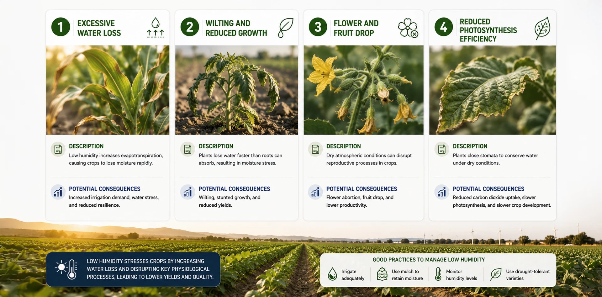 Weather monitoring in agriculture infographic showing the effects of low humidity on crops, including excessive water loss, wilting, flower and fruit drop, and reduced photosynthesis efficiency, along with best practices for humidity management in farming.