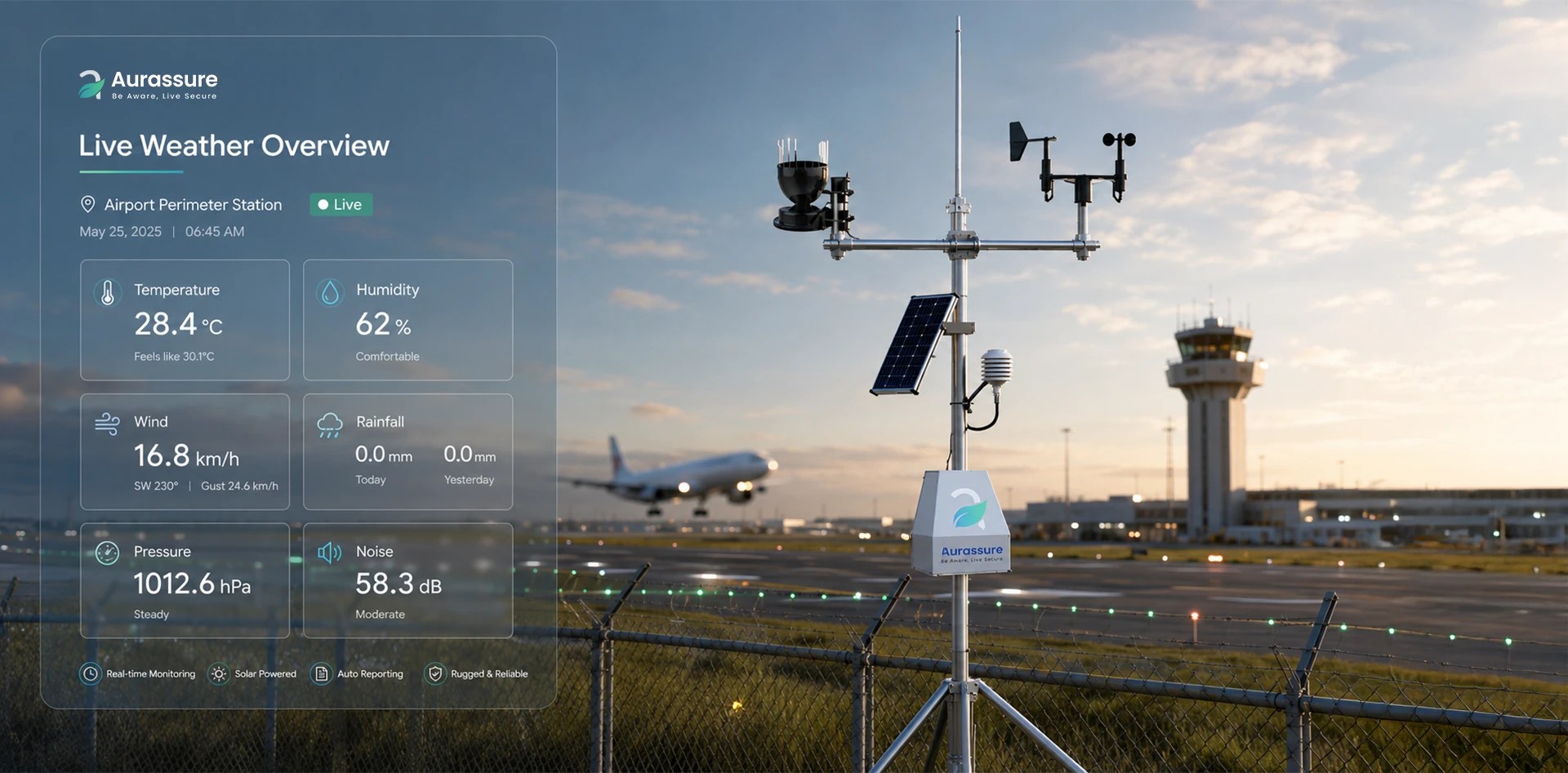 Automatic weather station installed near an airport runway displaying real-time weather monitoring data including temperature, humidity, wind speed, rainfall, pressure, and noise levels.
