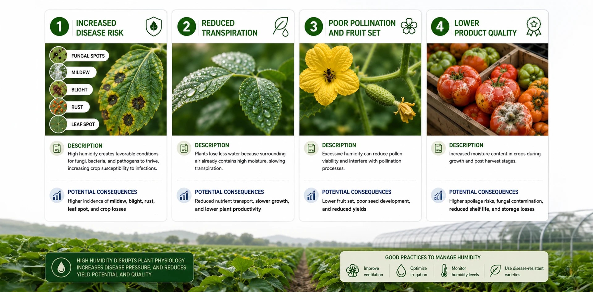Weather monitoring in agriculture infographic illustrating the effects of high humidity on crops, including increased disease risk, reduced transpiration, poor pollination, and lower crop quality, with recommendations for humidity management and disease prevention.