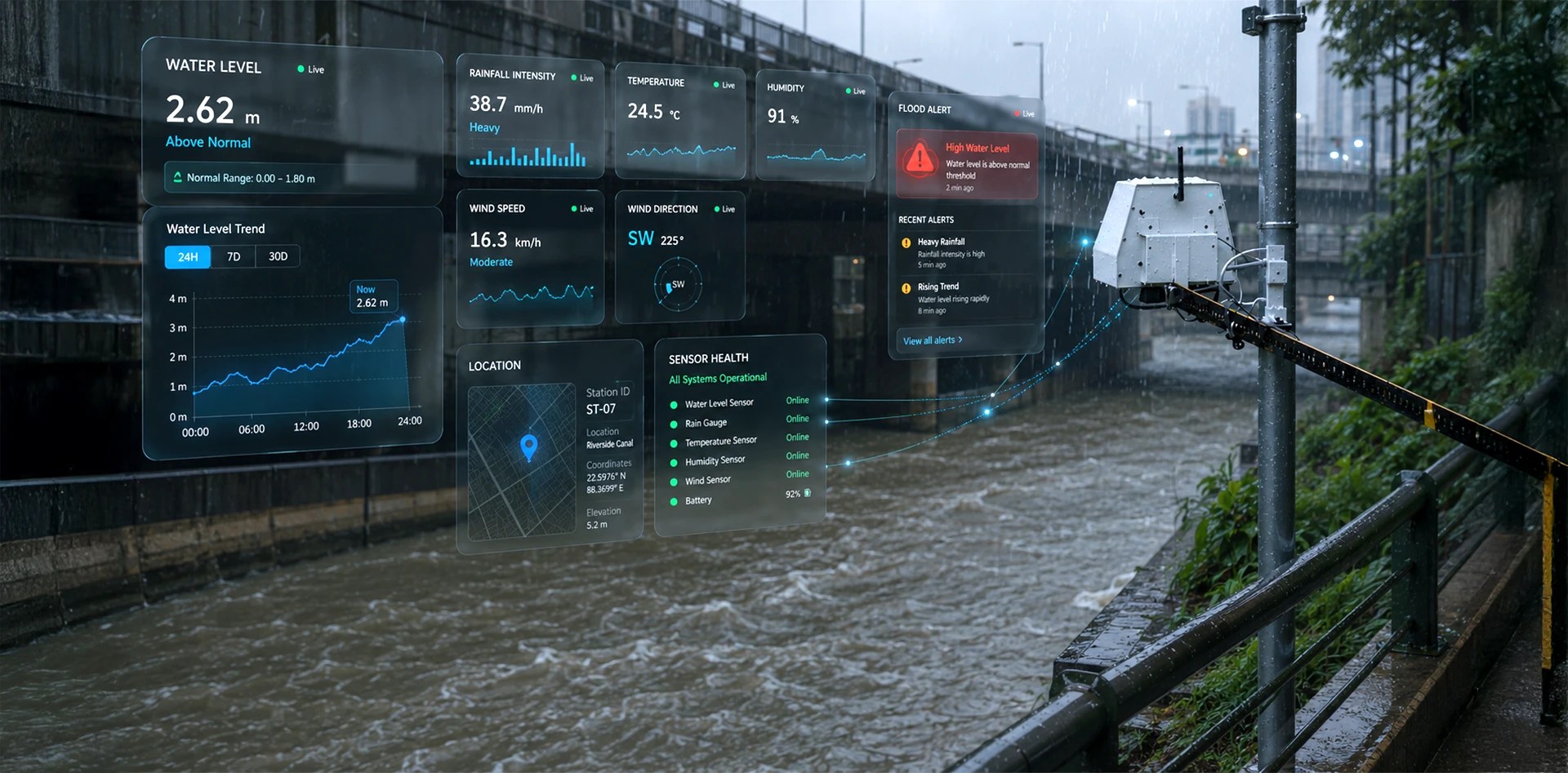 Urban flood monitoring system with real time water level sensor, weather monitoring, and flood alert dashboard