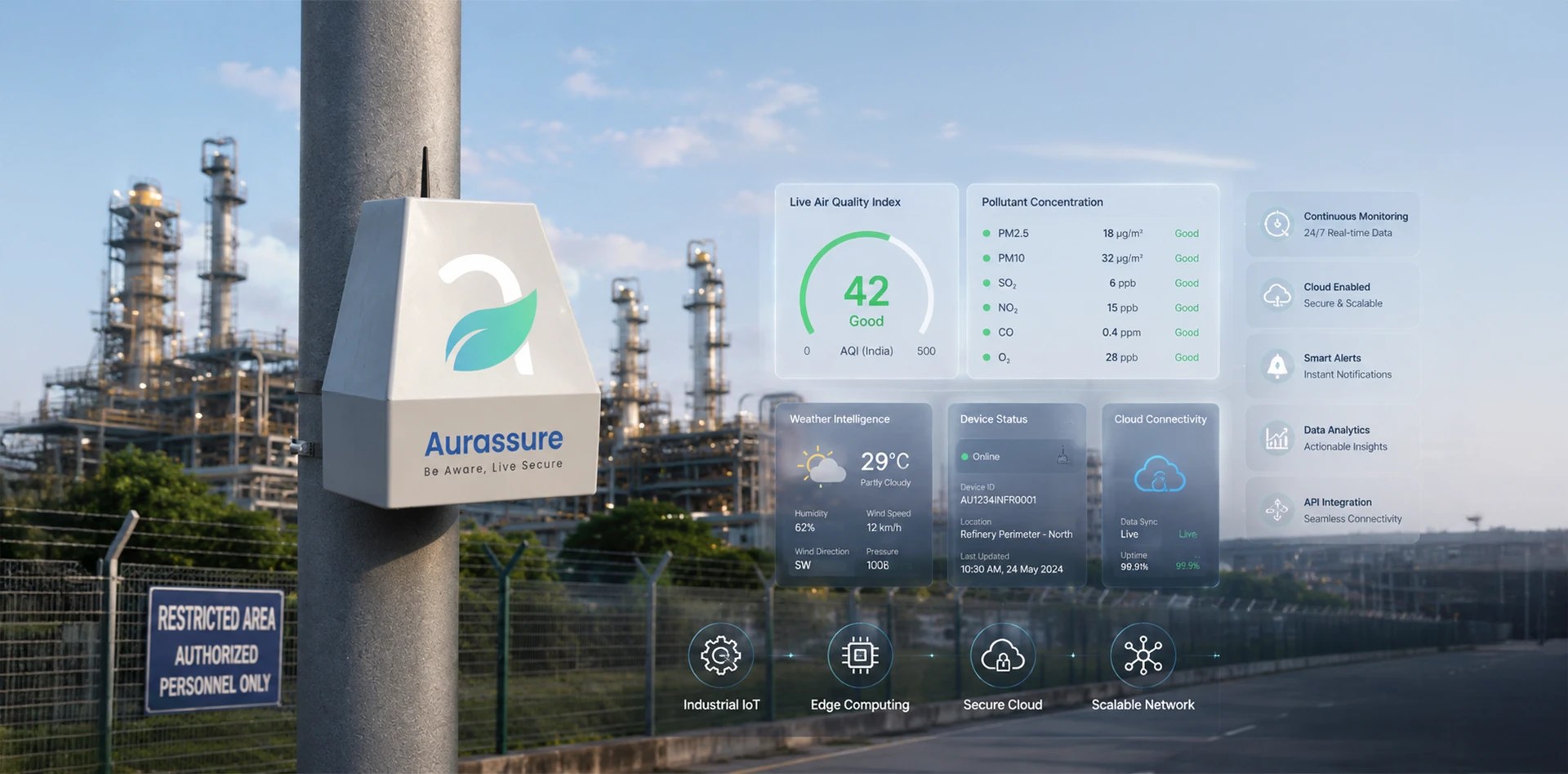 Fenceline monitoring device installed at an industrial refinery displaying a real-time air quality dashboard with pollutant concentrations, weather data, and cloud-based environmental monitoring.