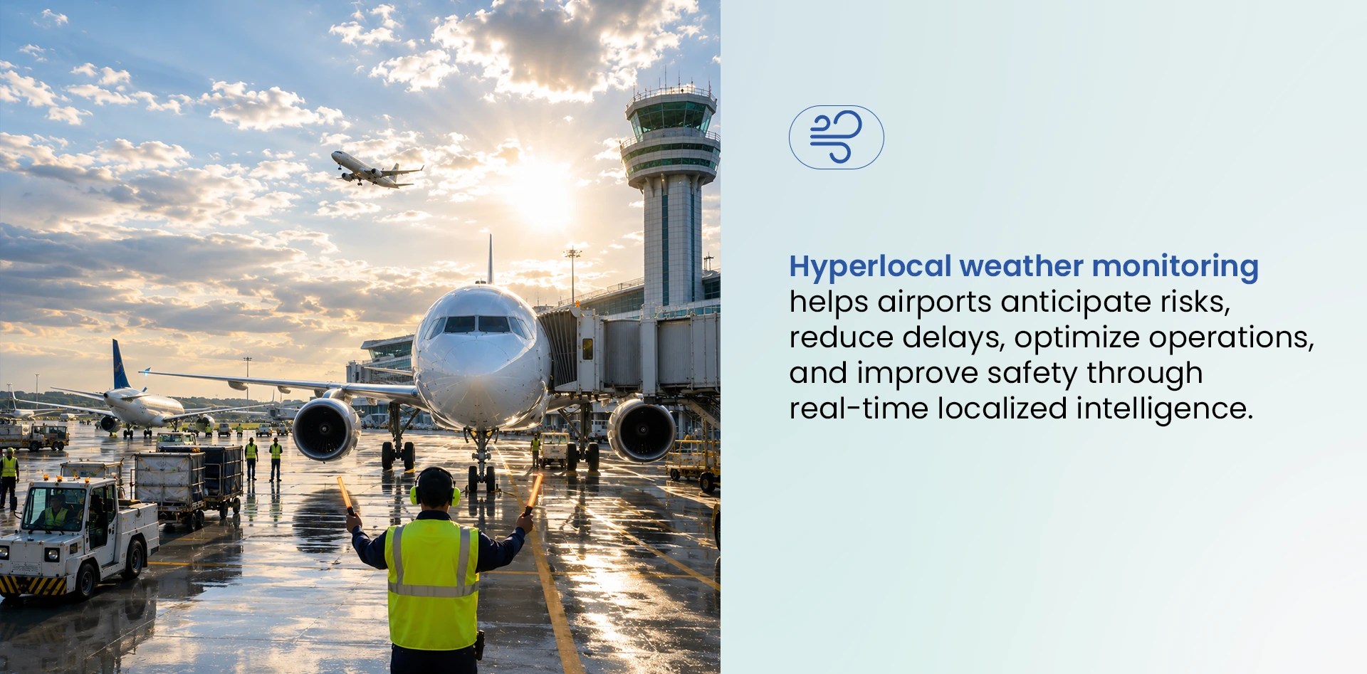 Airport operations supported by hyperlocal weather monitoring, showing aircraft, ground crews, and airport infrastructure benefiting from real-time localized weather intelligence.
