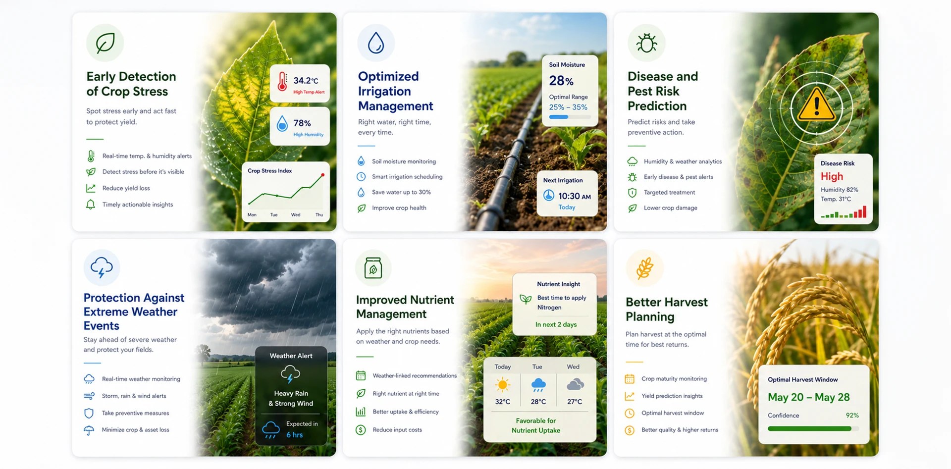 Weather monitoring in agriculture infographic highlighting key benefits of IoT-based environmental monitoring, including crop stress detection, irrigation optimization, disease and pest prediction, extreme weather protection, nutrient management, and harvest planning.