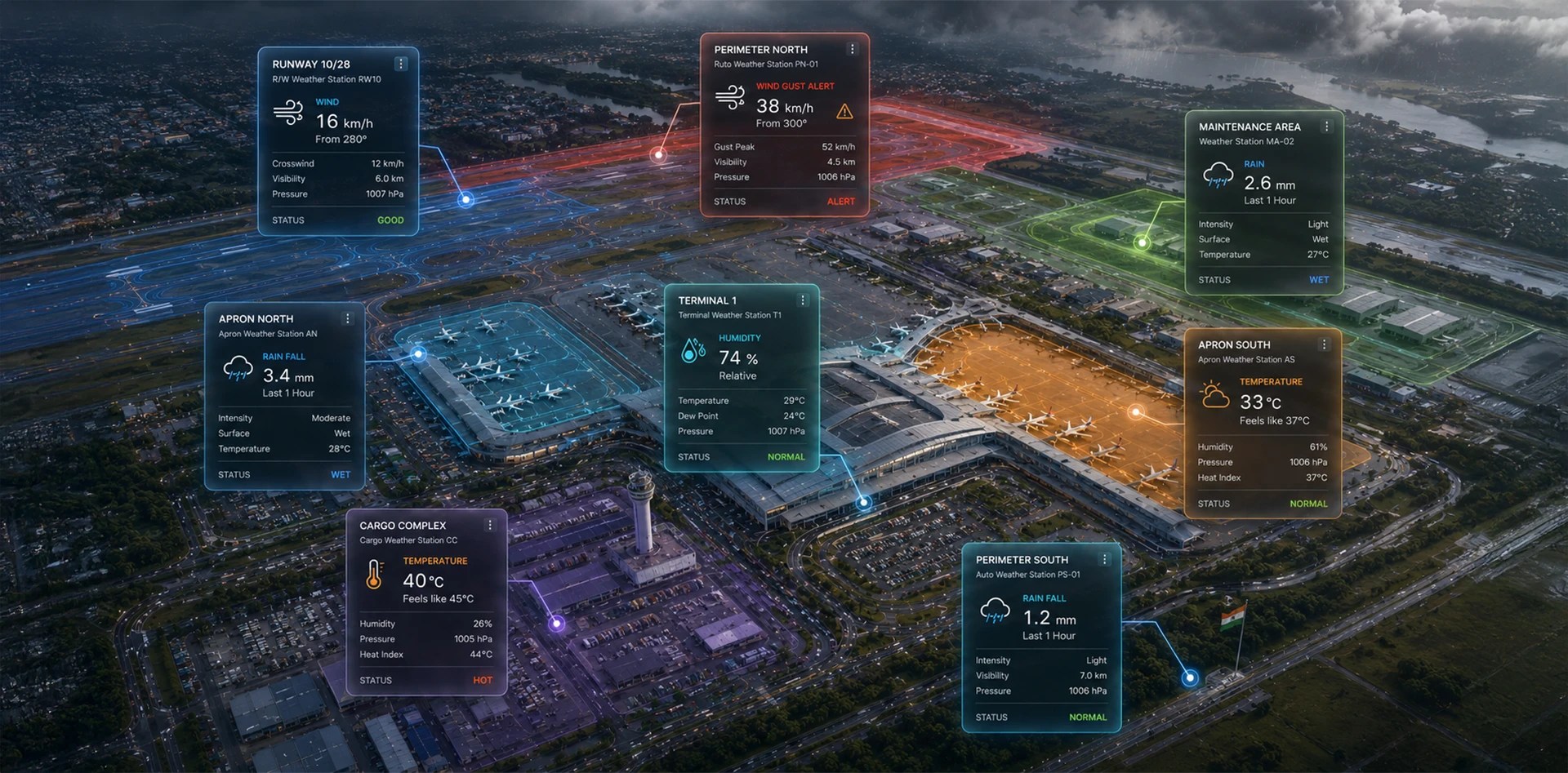 Hyperlocal weather monitoring at airports showing real-time weather data across runways, aprons, terminals, cargo areas, maintenance zones, and perimeter locations through connected weather monitoring dashboards.