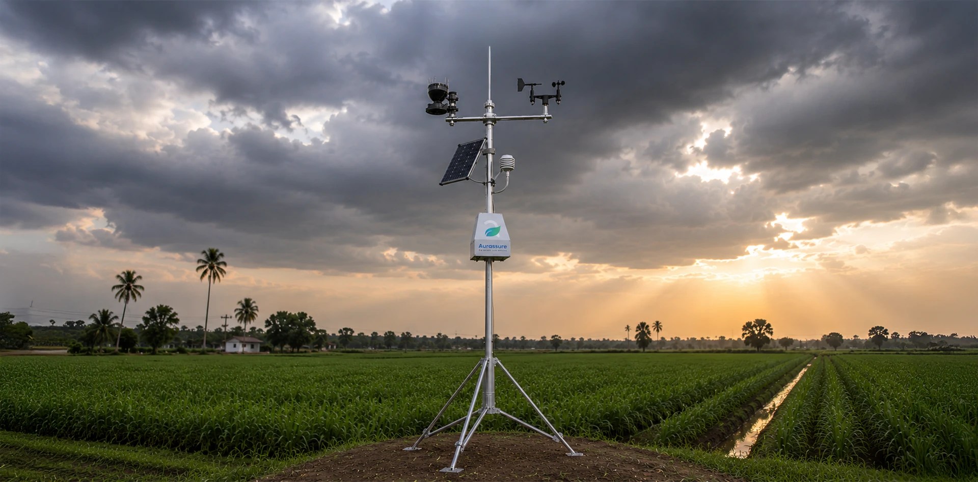 Weather monitoring in agriculture using an IoT-enabled automatic weather station installed in a farmland field, collecting real-time data on temperature, rainfall, humidity, wind speed, wind direction, and atmospheric conditions to support precision farming.