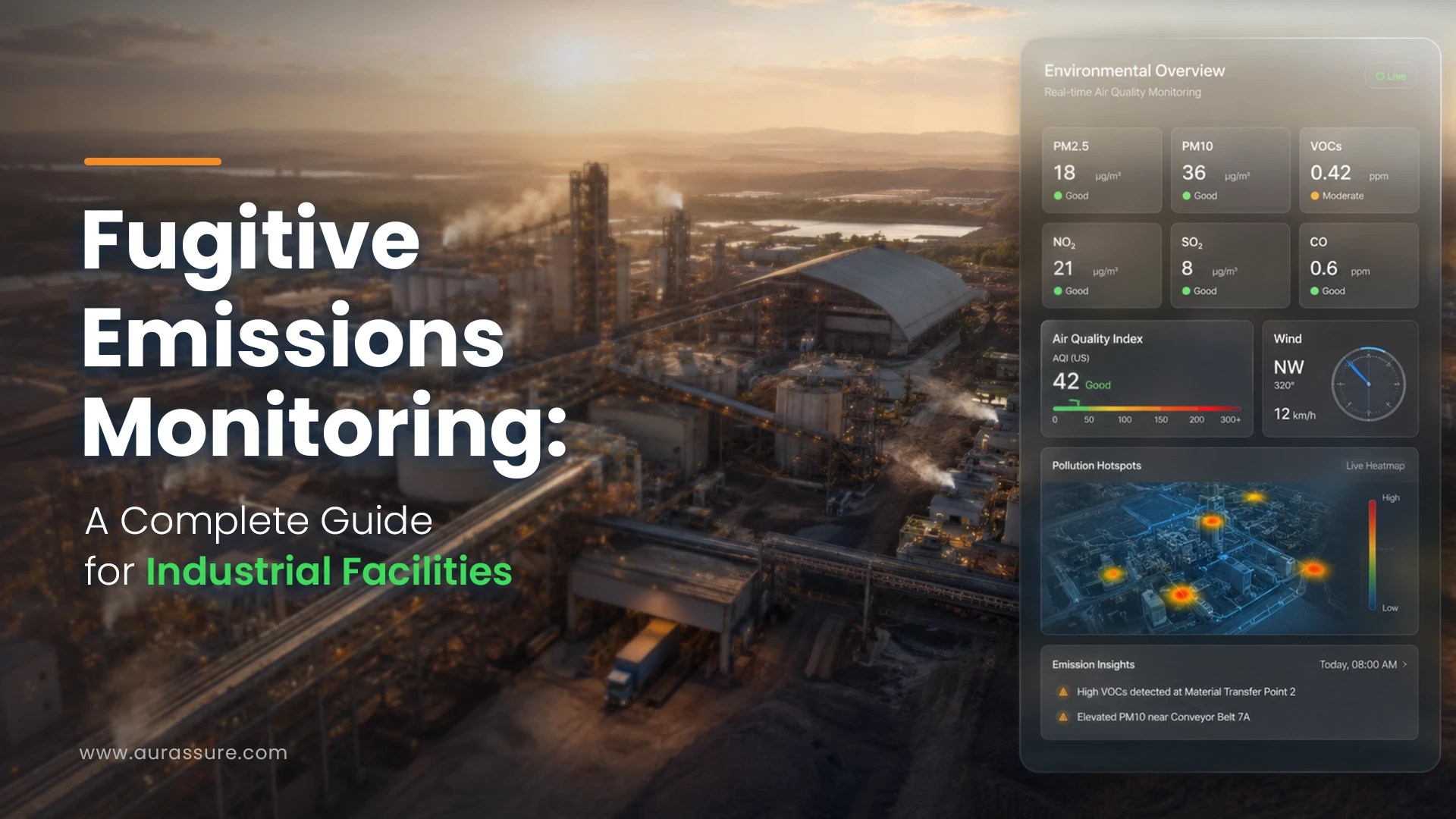 Fugitive Emissions Monitoring dashboard showing real-time industrial air quality data, pollution hotspots, PM2.5, PM10, VOCs, NO₂, SO₂, CO, AQI, and weather monitoring across an industrial facility.
