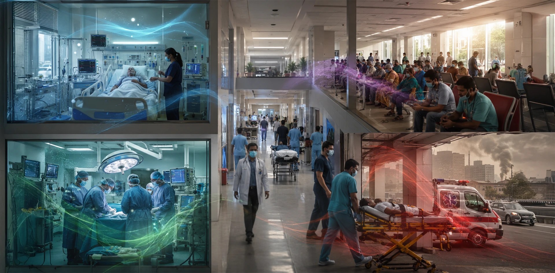 Hospital air quality monitoring across an ICU, operating theatre, crowded waiting area, emergency department, and hospital corridor.