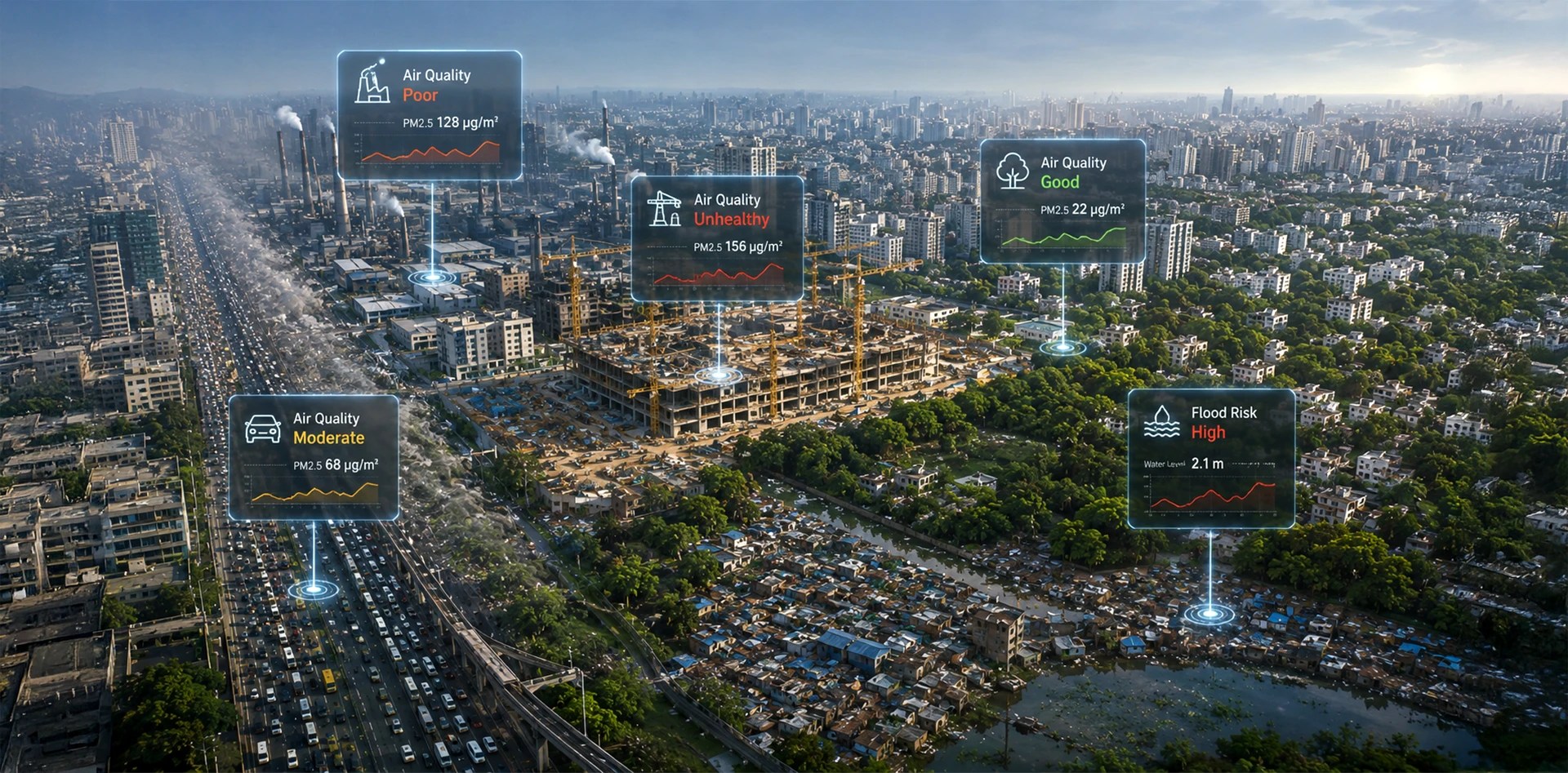 Environmental data for smart cities displayed across neighbourhoods, highlighting air-quality hotspots, traffic pollution, industrial emissions, green areas, and flood risk.