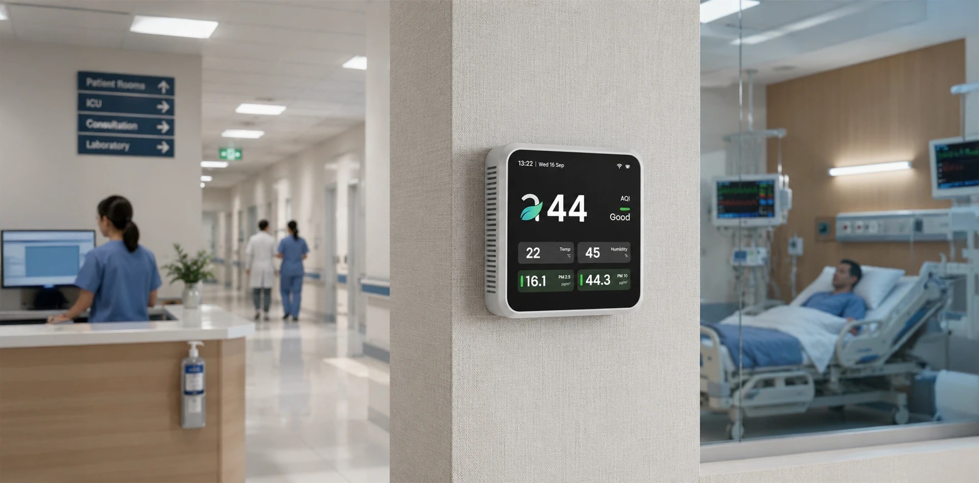 Hospital air quality monitoring device displaying real-time AQI, PM2.5, PM10, temperature, and humidity beside a patient room.