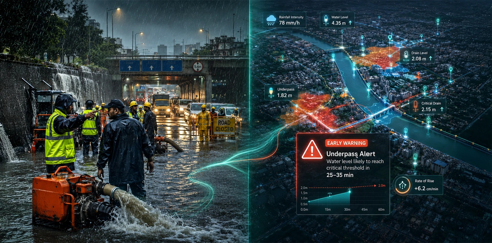 Flood monitoring in cities using predictive analytics to detect rising water levels, issue an underpass warning and support emergency road closures and pump activation.