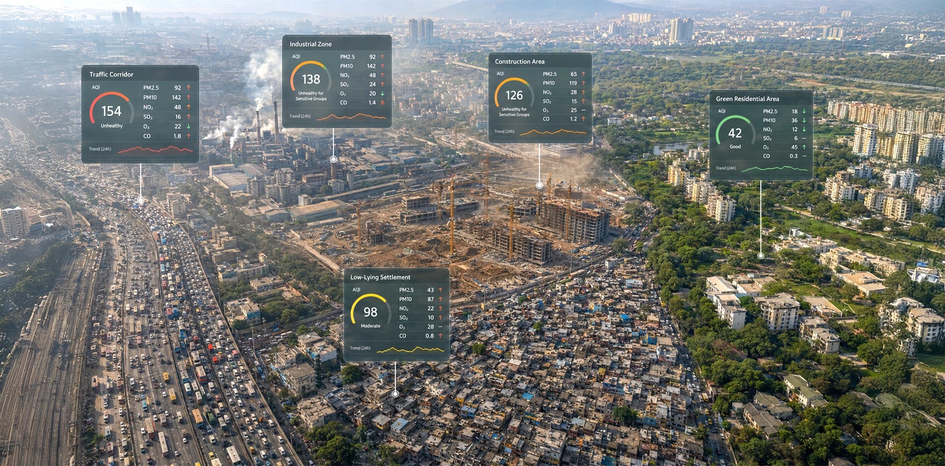Environmental data for smart cities showing neighbourhood-level AQI across a traffic corridor, industrial zone, construction area, low-lying settlement, and green residential area.
