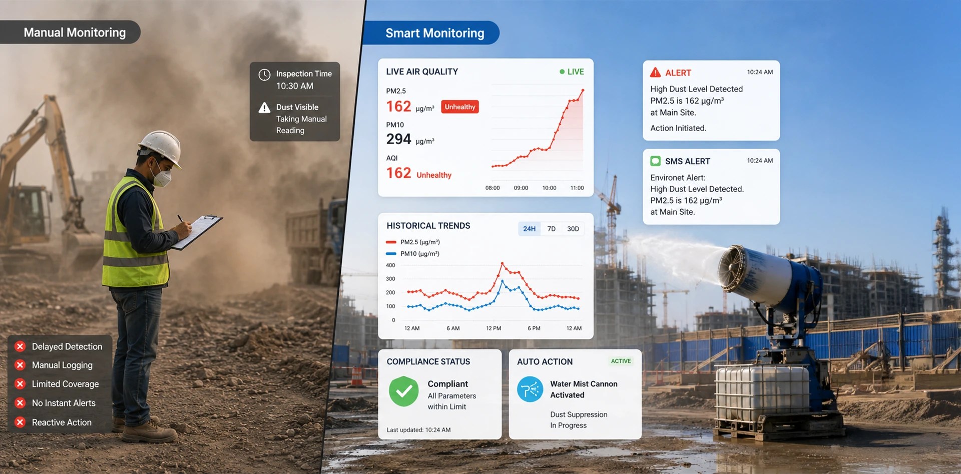 Construction dust monitoring comparison showing manual inspections versus real-time smart monitoring with PM2.5, PM10, AQI dashboards, instant alerts, and automated dust suppression.