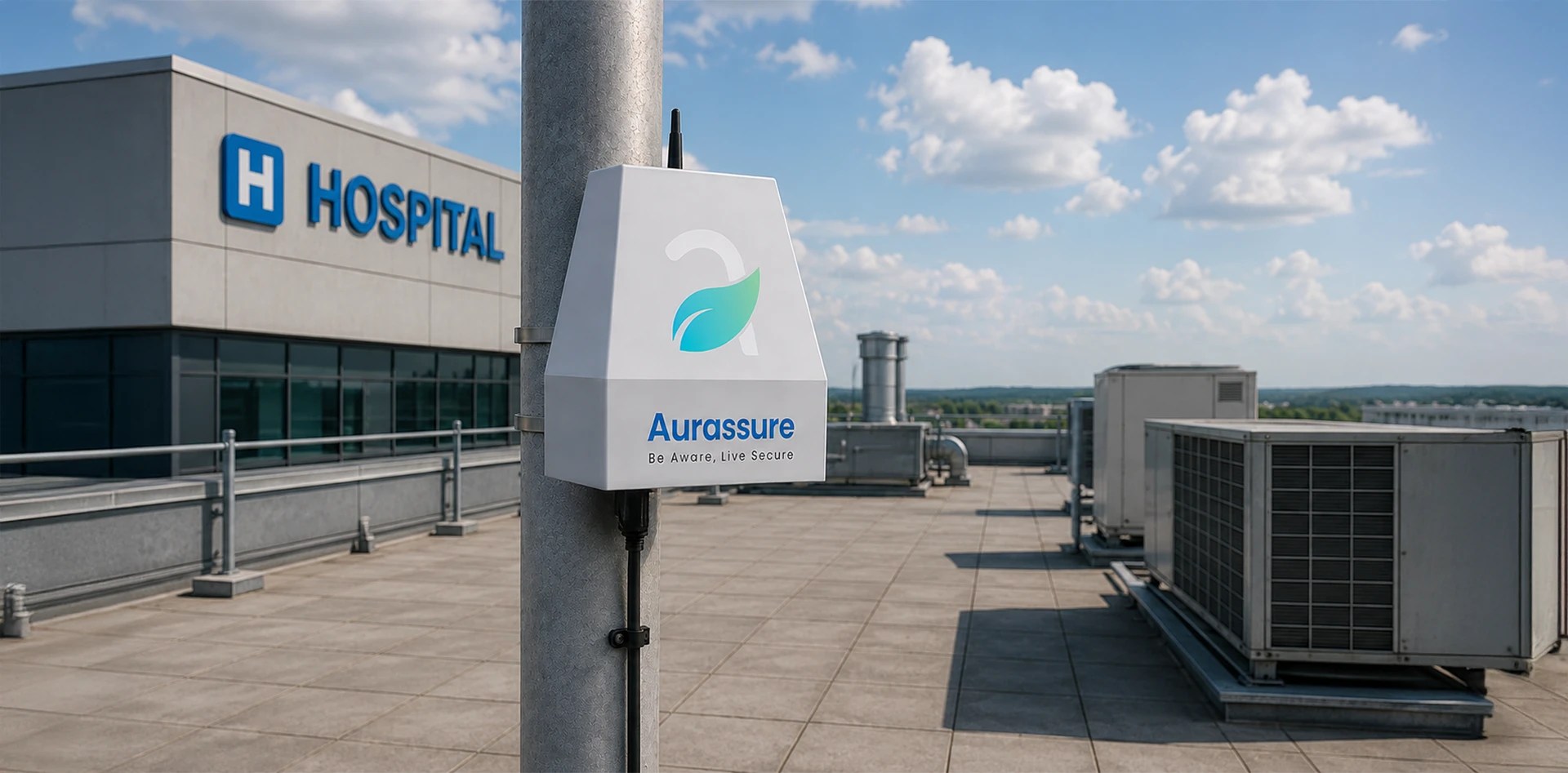 Outdoor hospital air quality monitoring device installed beside rooftop HVAC systems to track pollution, weather, and environmental conditions.