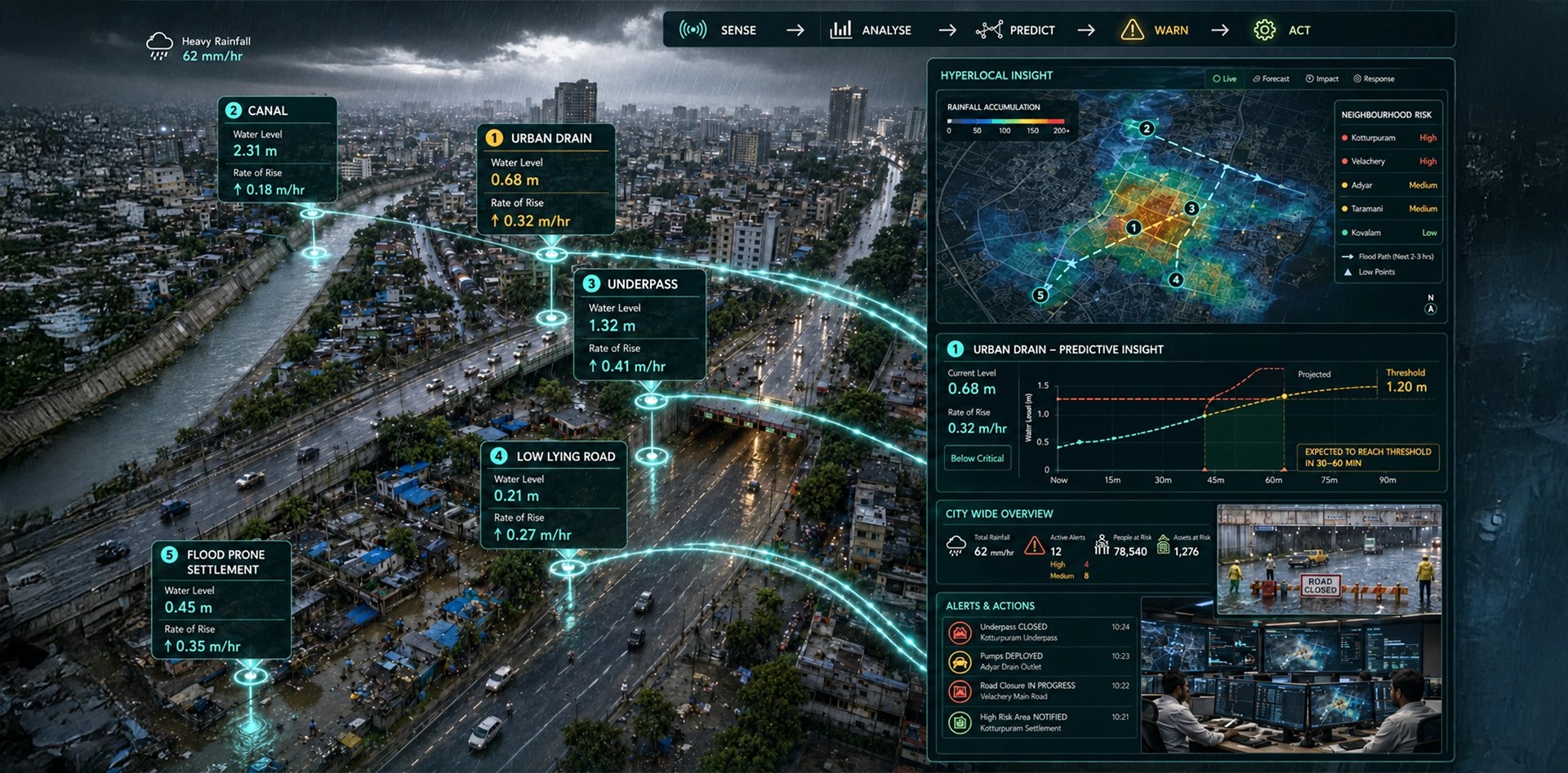 Flood monitoring in cities using hyperlocal sensors, predictive analytics and automated alerts to track rainfall, drains, underpasses and flood-prone neighbourhoods.