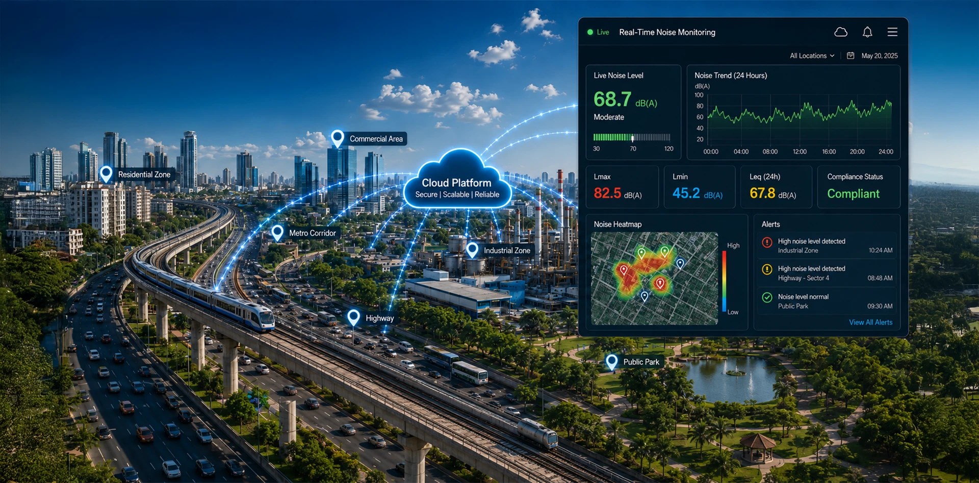 Real-time noise monitoring dashboard connected to citywide sensors across residential, commercial, metro, highway, industrial, and public park zones.