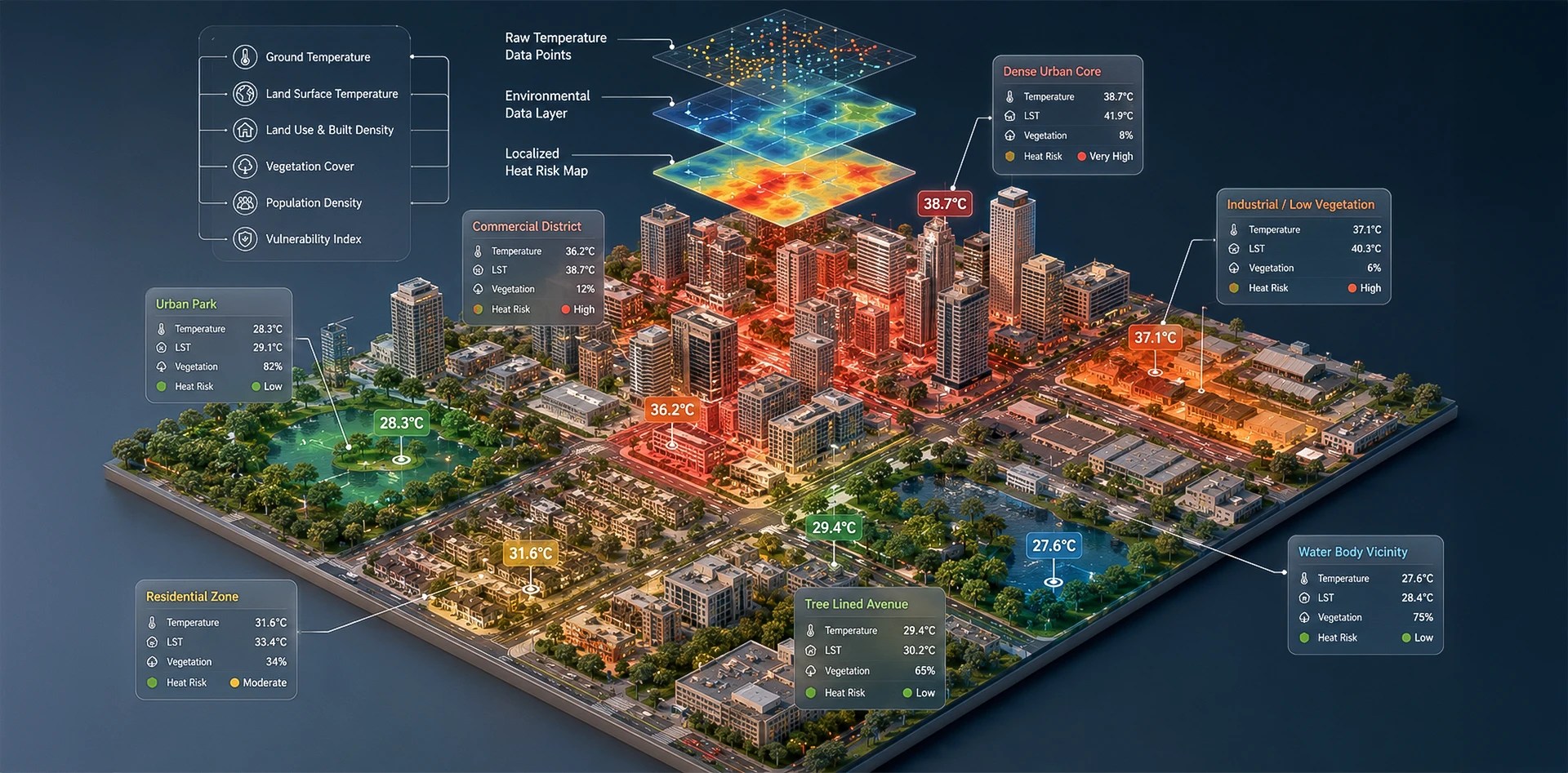 Environmental data for smart cities visualising urban heat risk through ground temperature, land surface temperature, vegetation, built density and neighbourhood vulnerability data.
