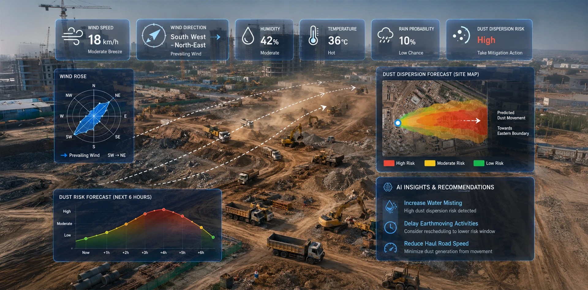 Construction dust monitoring dashboard displaying wind speed, wind direction, humidity, temperature, dust dispersion forecast, and AI-powered risk insights for a construction site.