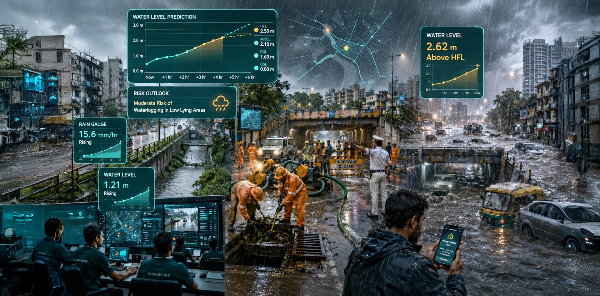 Flood monitoring in cities using rainfall and water-level predictions to warn residents, close a flooded underpass and coordinate emergency response teams.