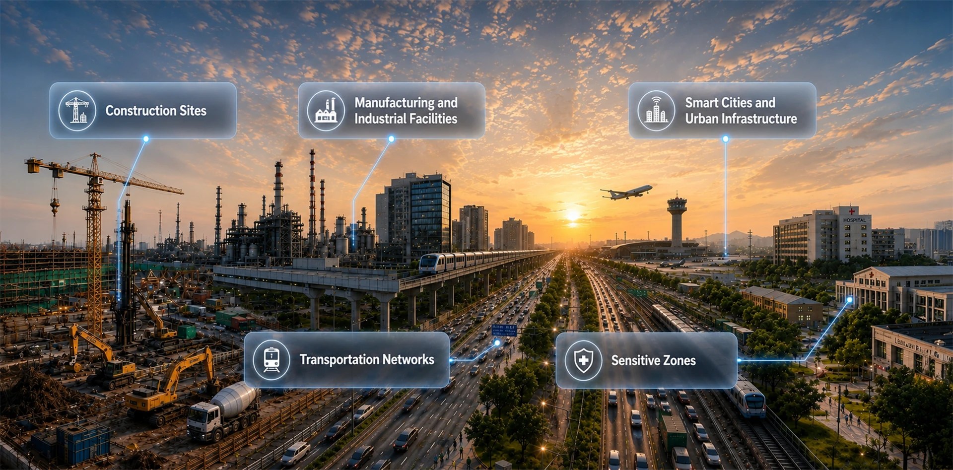Noise monitoring applications across construction sites, manufacturing facilities, smart cities, transportation networks, and sensitive zones with real-time environmental intelligence dashboards.