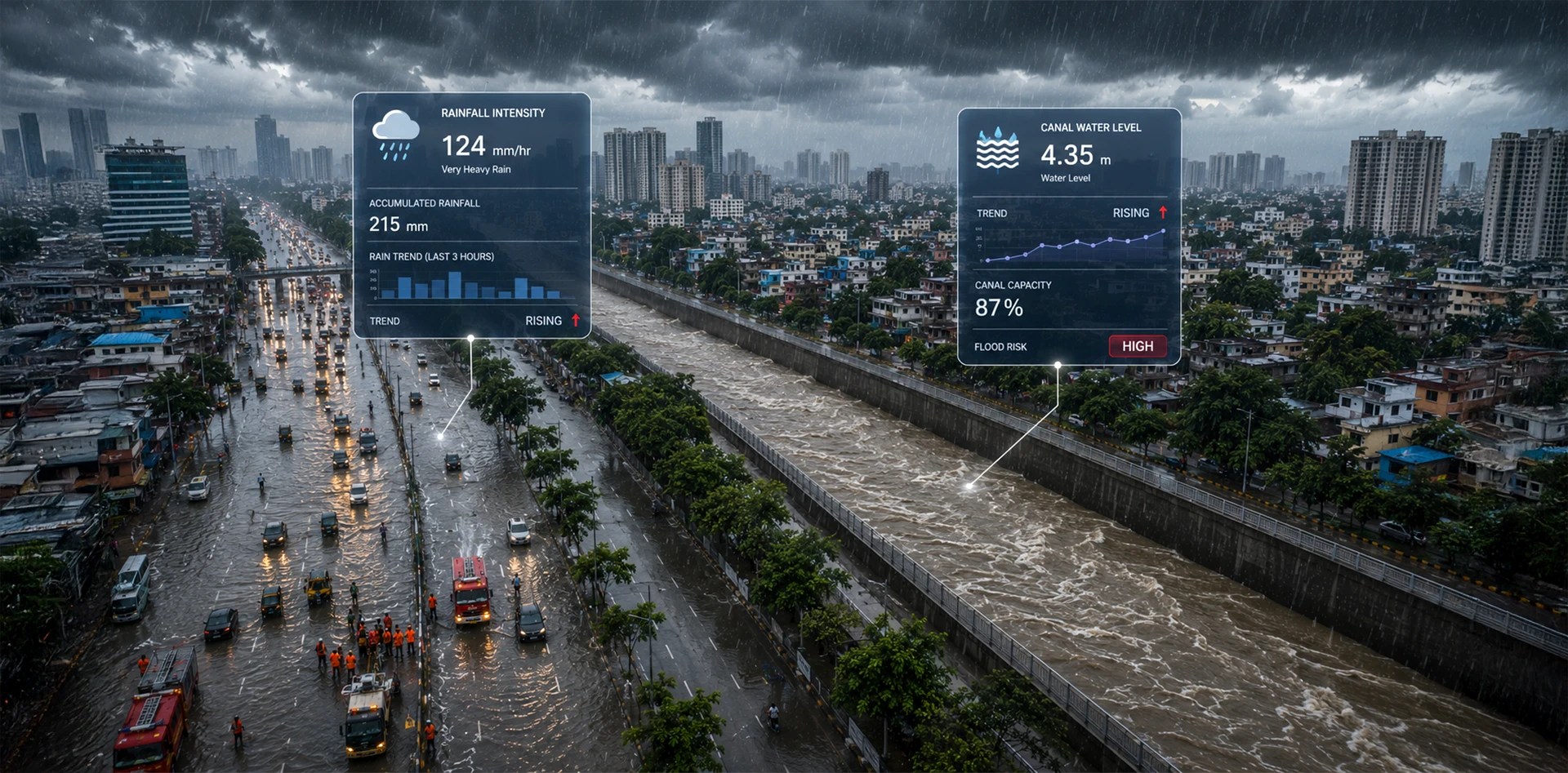 Environmental data for smart cities showing real-time rainfall intensity, rising canal water levels, flooded roads, and high urban flood risk during heavy monsoon rain.