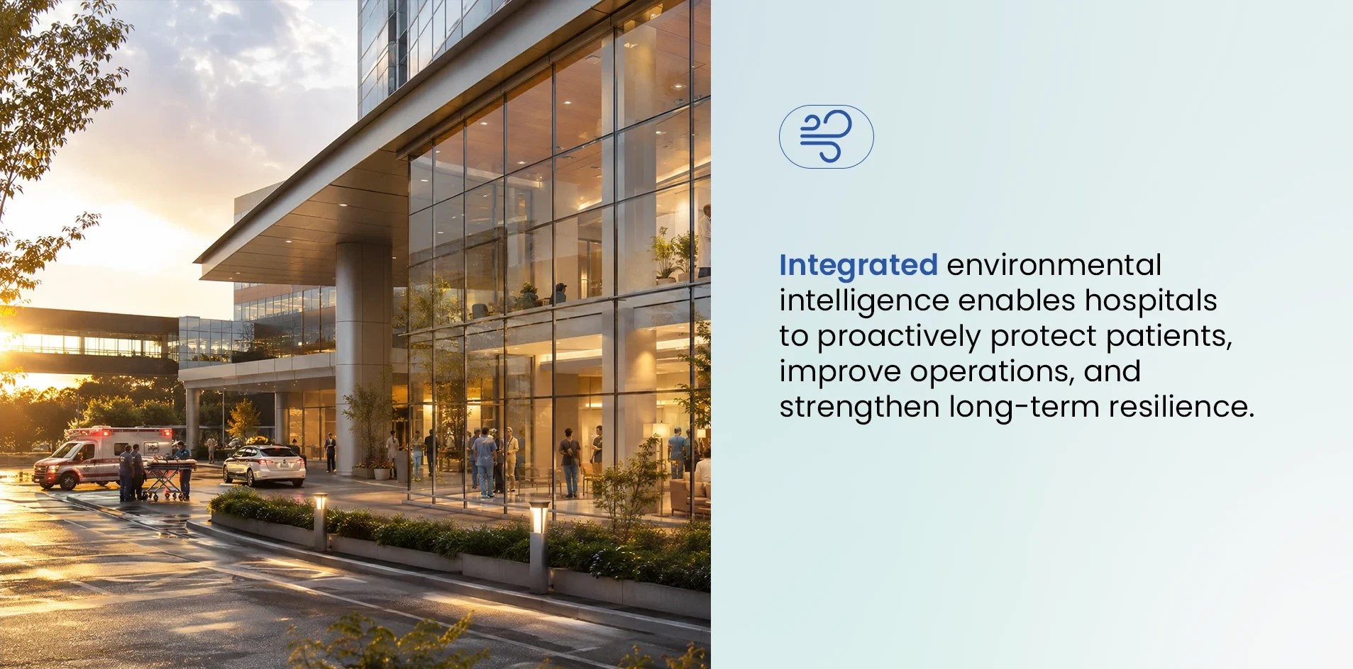 Modern hospital exterior illustrating how hospital air quality monitoring supports patient protection, efficient operations, and long-term resilience.