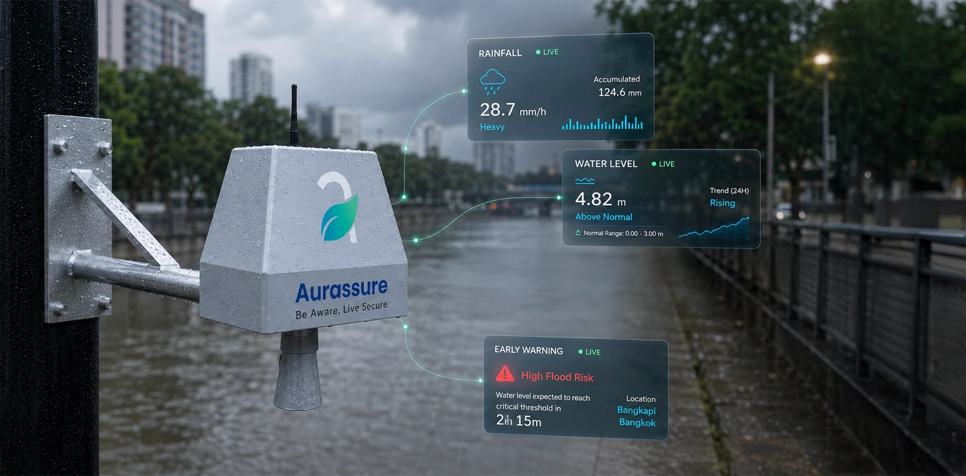 Aurassure sensor supporting flood monitoring in cities by tracking live rainfall, water level and rate of rise beside an urban canal.