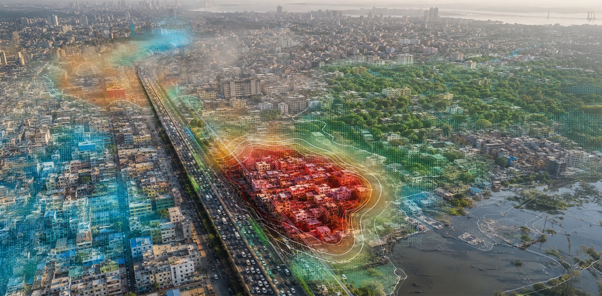 Environmental data for smart cities mapping neighbourhood-level environmental stress, including dense urban heat, traffic pollution, limited green cover, and flood-prone low-lying areas.